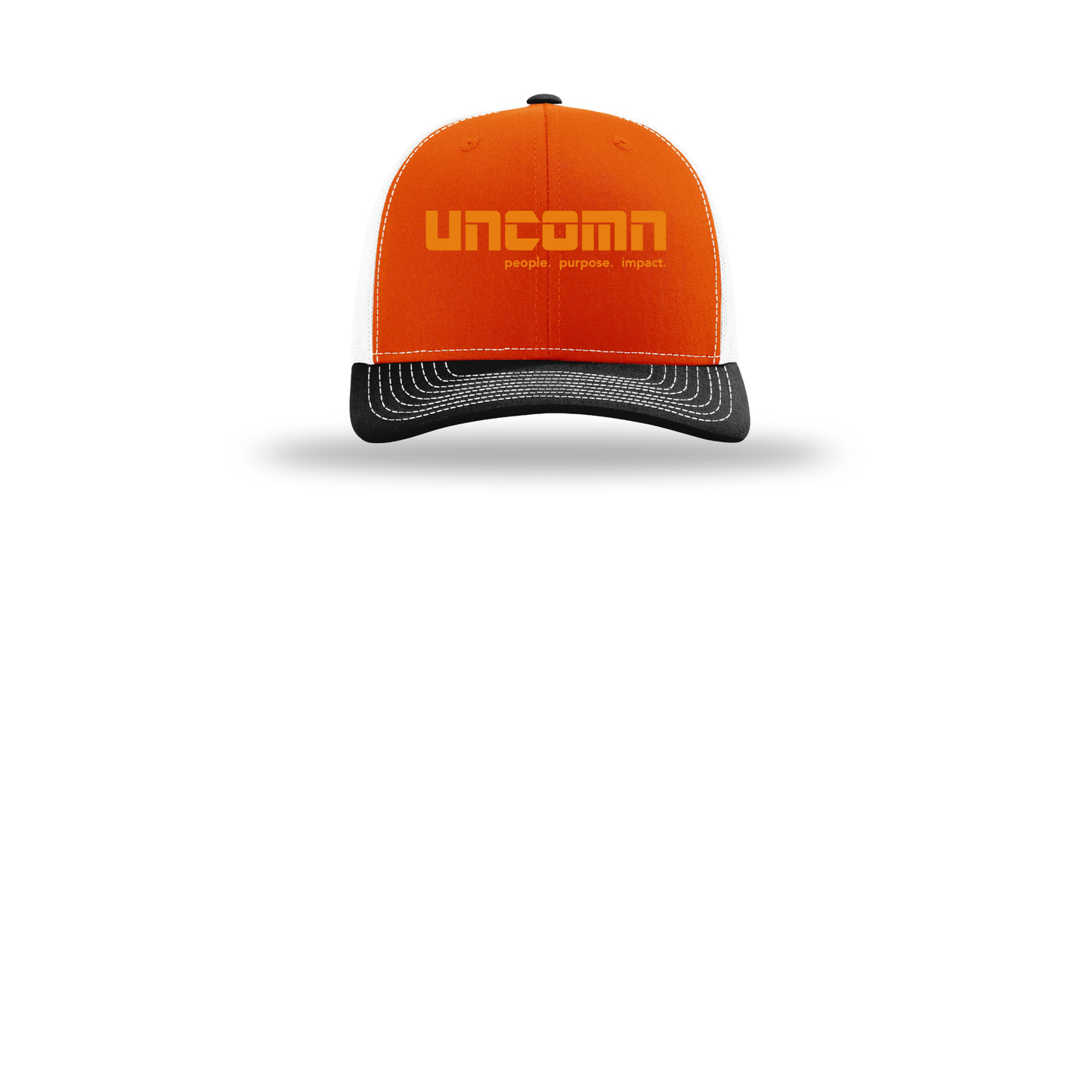 uncomn-richardson-trucker-cap-embroidery-capfront-R112-orangewhiteblack-flat-front