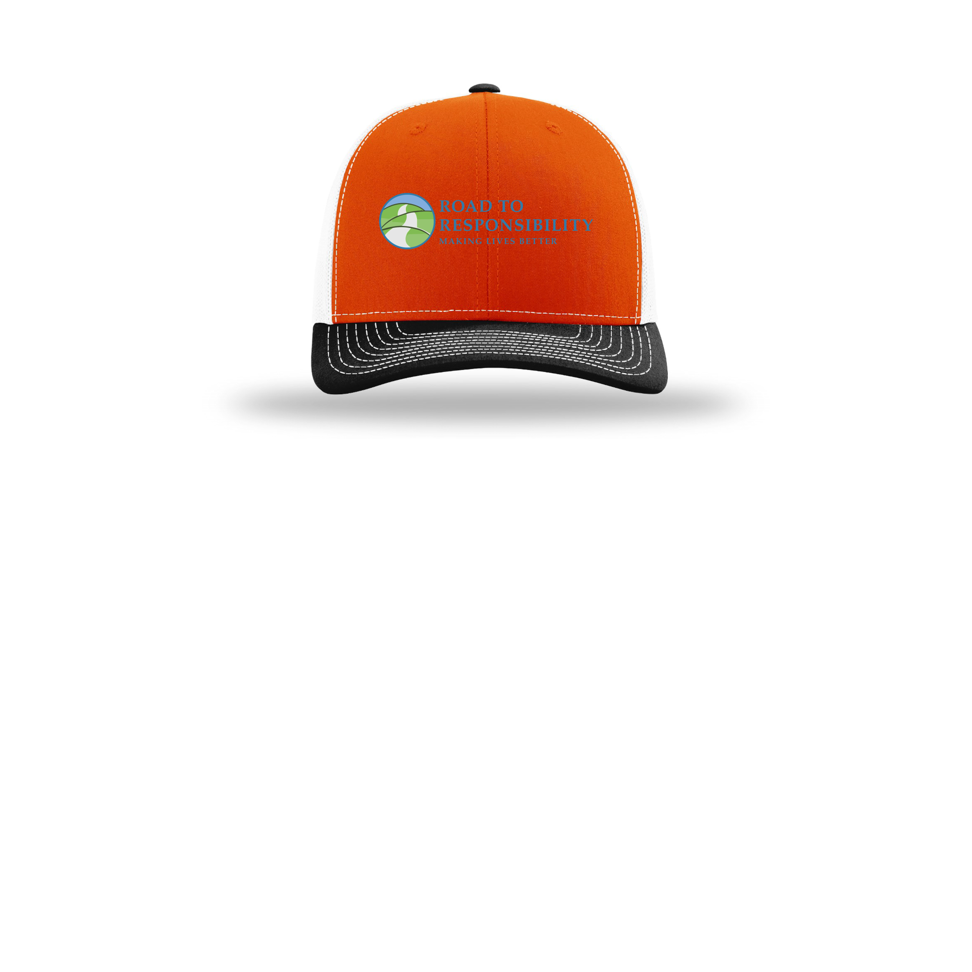 roadtoresponsibility-richardson-trucker-cap-embroidery-capfront-R112-orangewhiteblack-flat-front