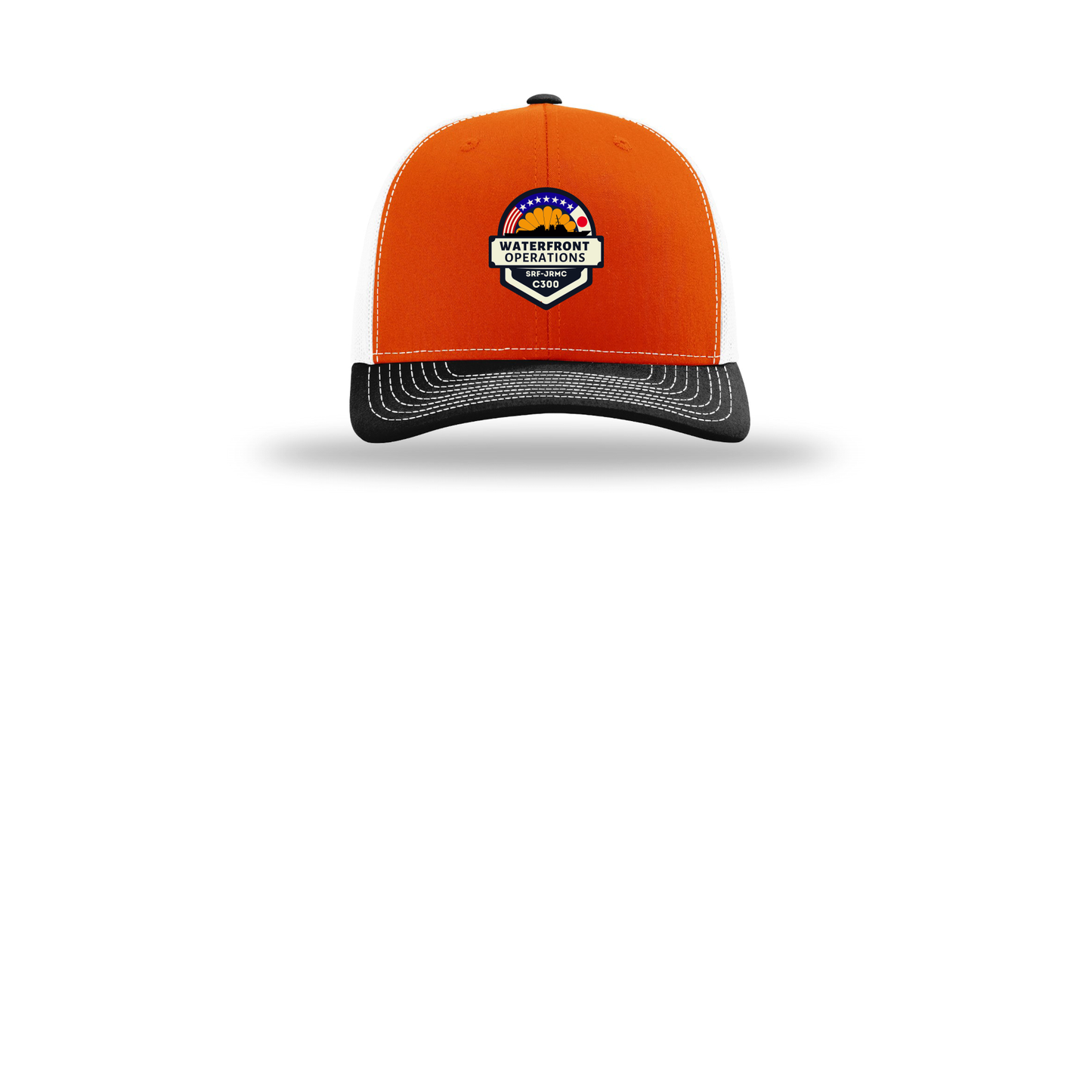 waterfront-operations-retro-trucker-cap-embroidery-capfront-R112-orangewhiteblack-flat-front