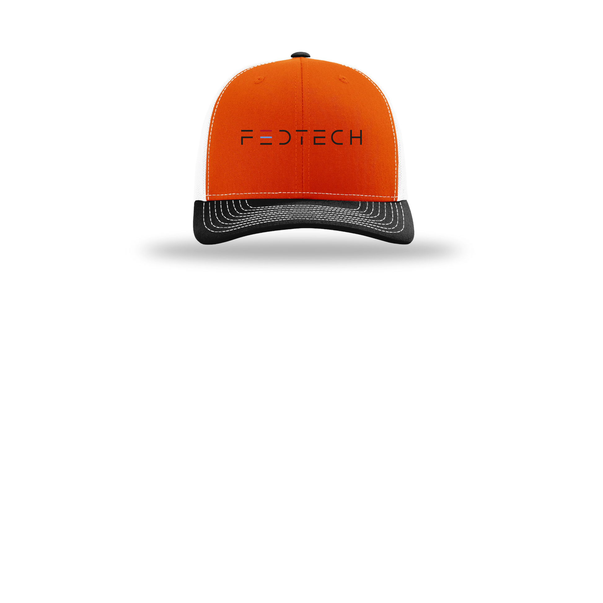 fedtech-richardson-trucker-cap-embroidery-capfront-R112-orangewhiteblack-flat-front