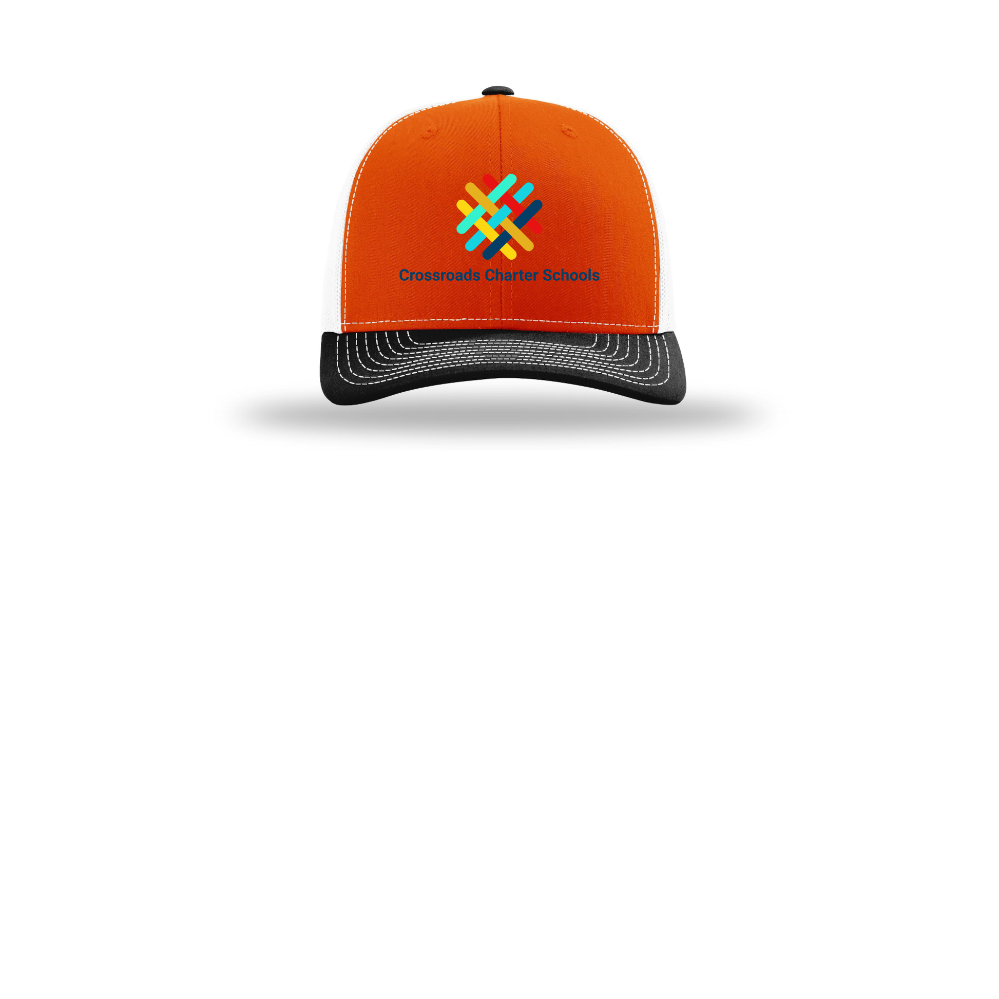 crossroadsschoolskc-richardson-trucker-cap-embroidery-capfront-R112-orangewhiteblack-flat-front