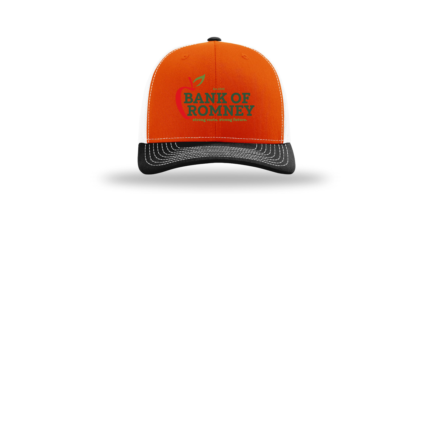 bankofromney-richardson-trucker-cap-embroidery-capfront-R112-orangewhiteblack-flat-front
