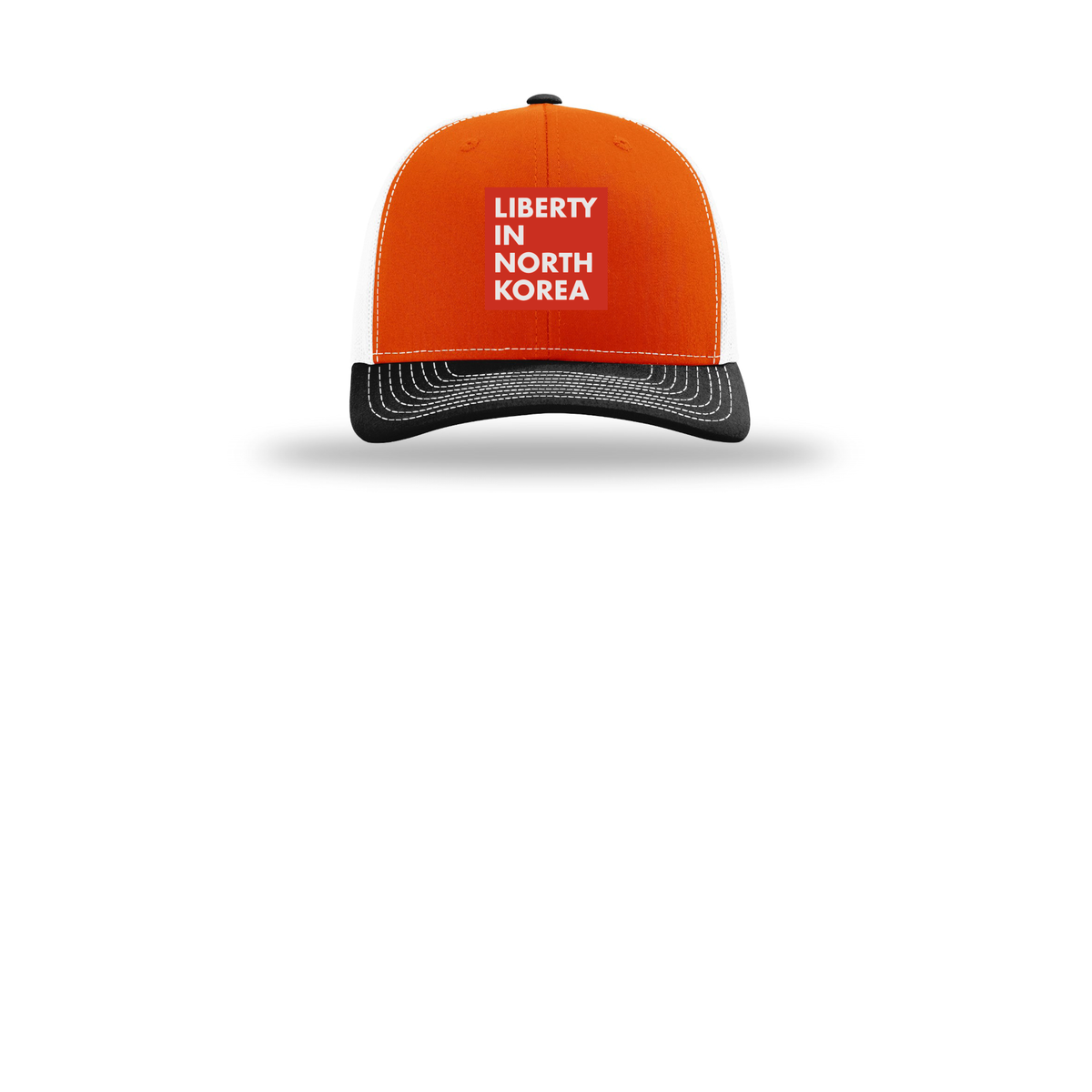 libertyinnorthkorea-richardson-trucker-cap-embroidery-capfront-R112-orangewhiteblack-flat-front