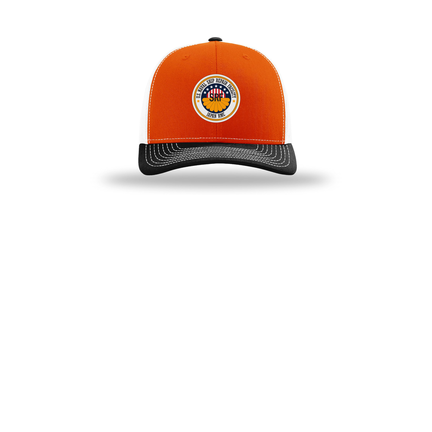 srf-jrmc-richardson-trucker-cap-embroidery-capfront-R112-orangewhiteblack-flat-front