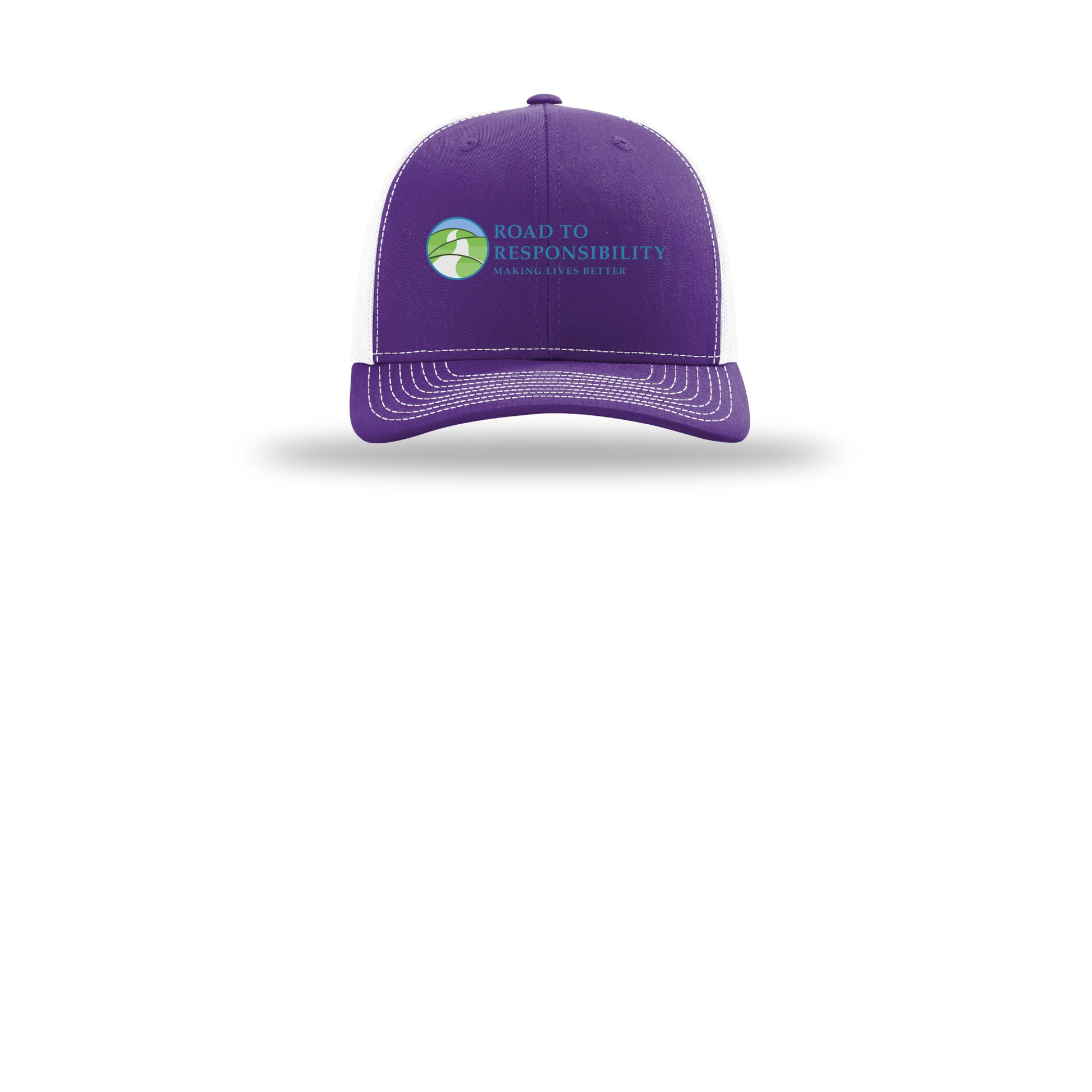 roadtoresponsibility-richardson-trucker-cap-embroidery-capfront-R112-purplewhite-flat-front