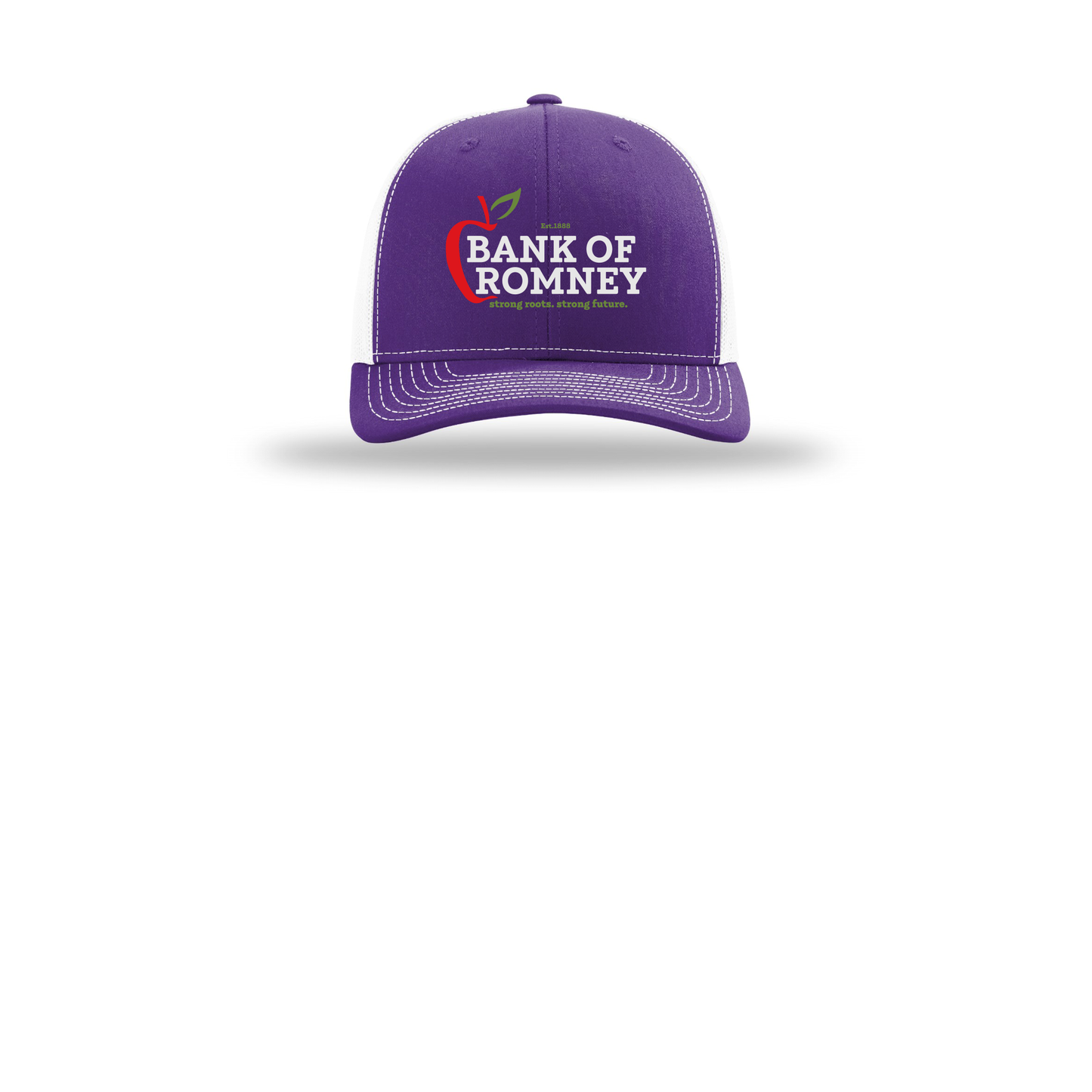bankofromney-richardson-trucker-cap-embroidery-capfront-R112-purplewhite-flat-front