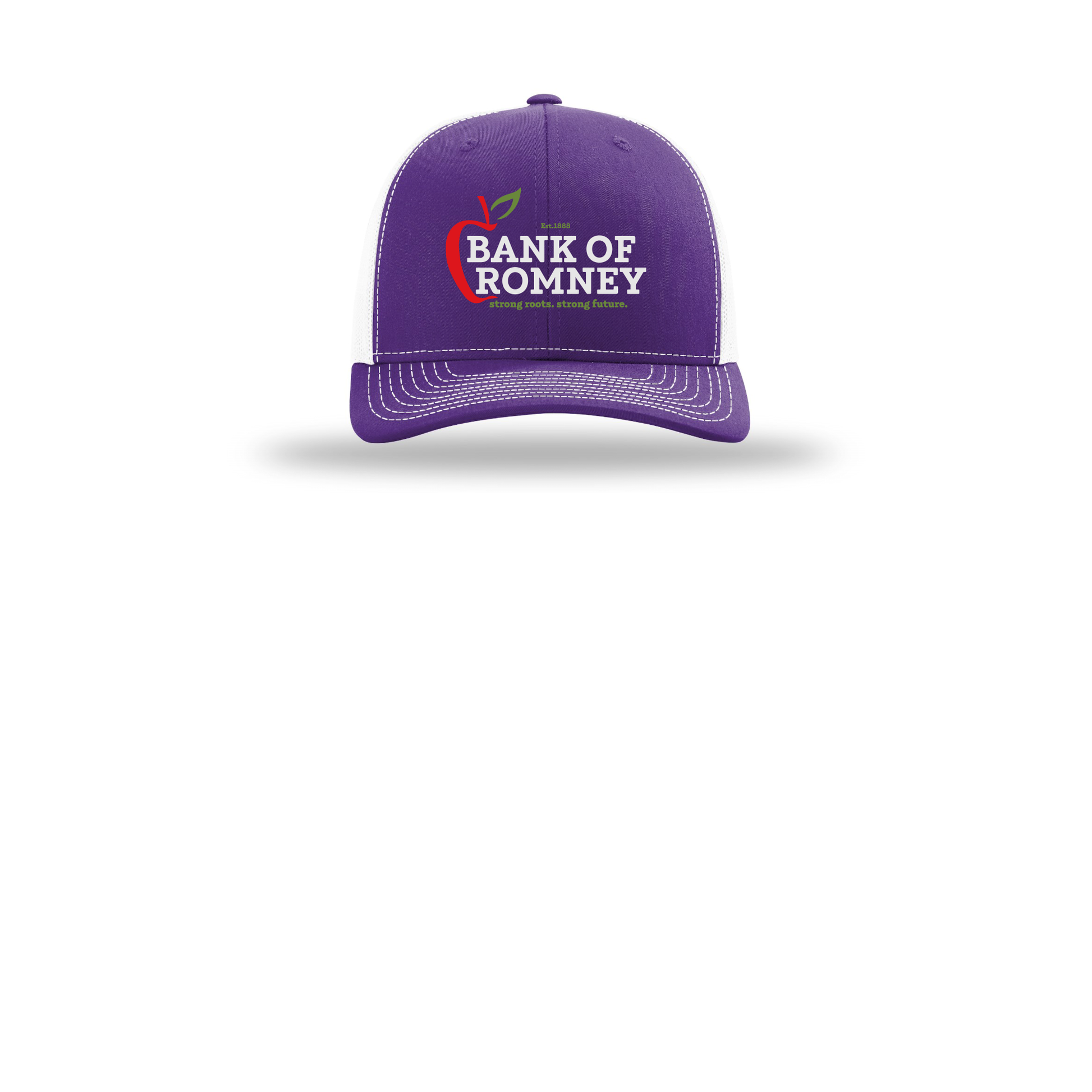 bankofromney-richardson-trucker-cap-embroidery-capfront-R112-purplewhite-flat-front