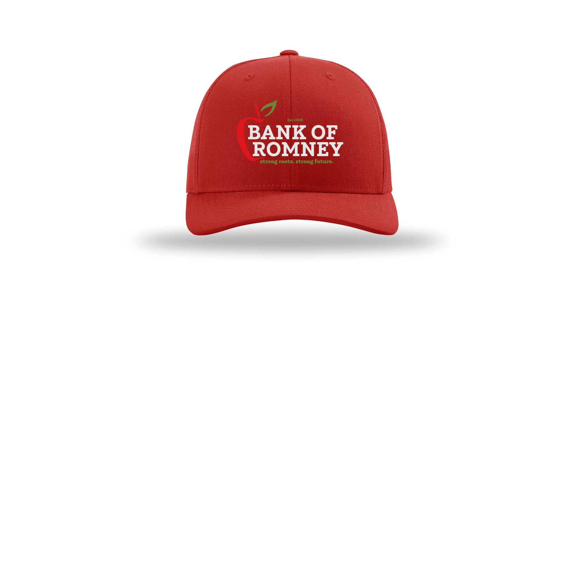 bankofromney-richardson-trucker-cap-embroidery-capfront-R112-red-flat-front