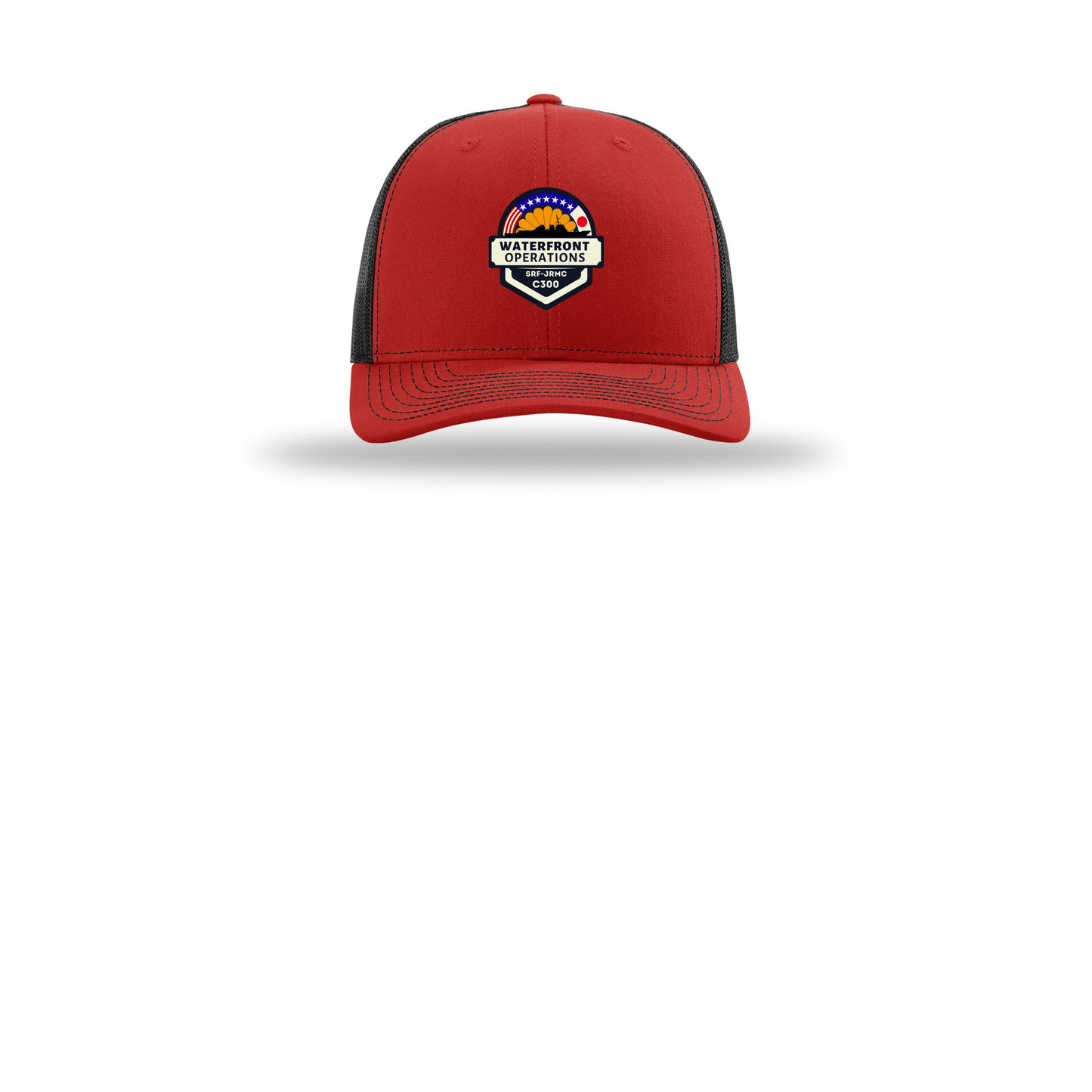 waterfront-operations-retro-trucker-cap-embroidery-capfront-R112-redblack-flat-front
