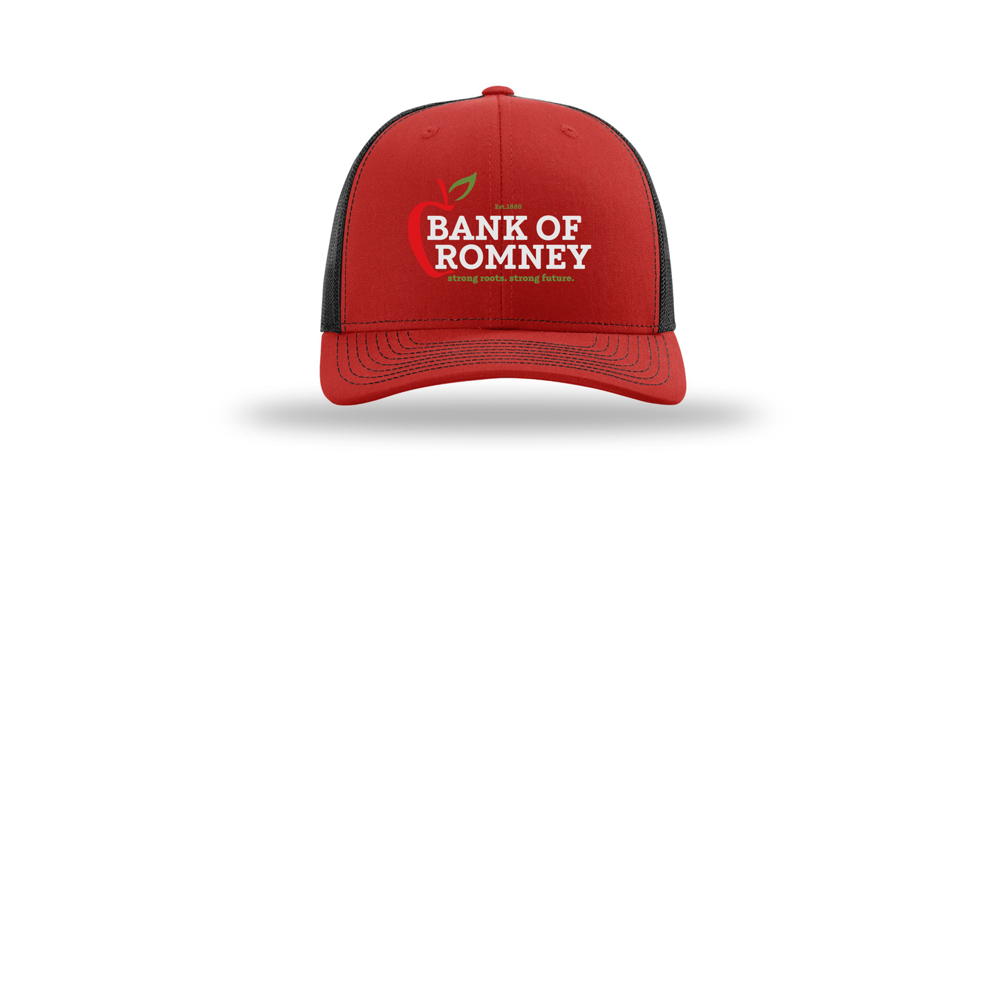 bankofromney-richardson-trucker-cap-embroidery-capfront-R112-redblack-flat-front