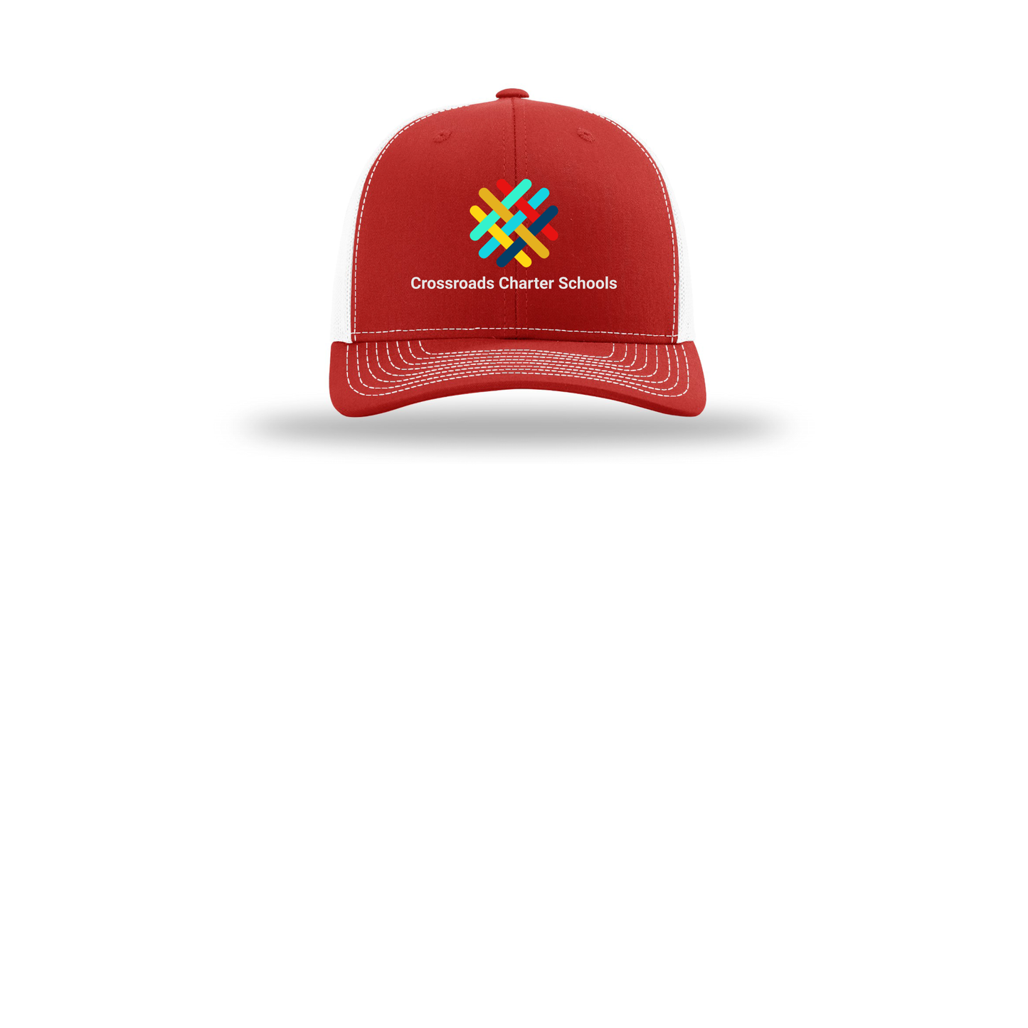 crossroadsschoolskc-richardson-trucker-cap-embroidery-capfront-R112-redwhite-flat-front