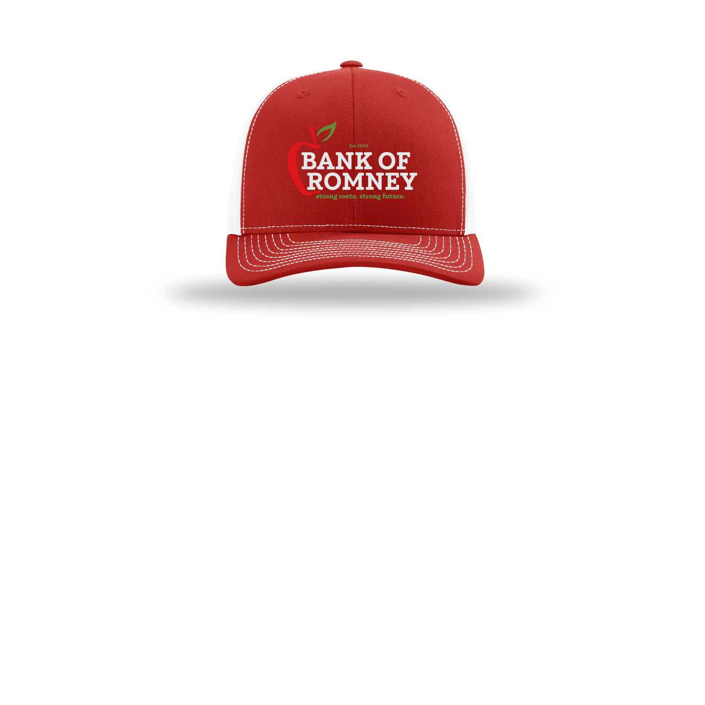 bankofromney-richardson-trucker-cap-embroidery-capfront-R112-redwhite-flat-front