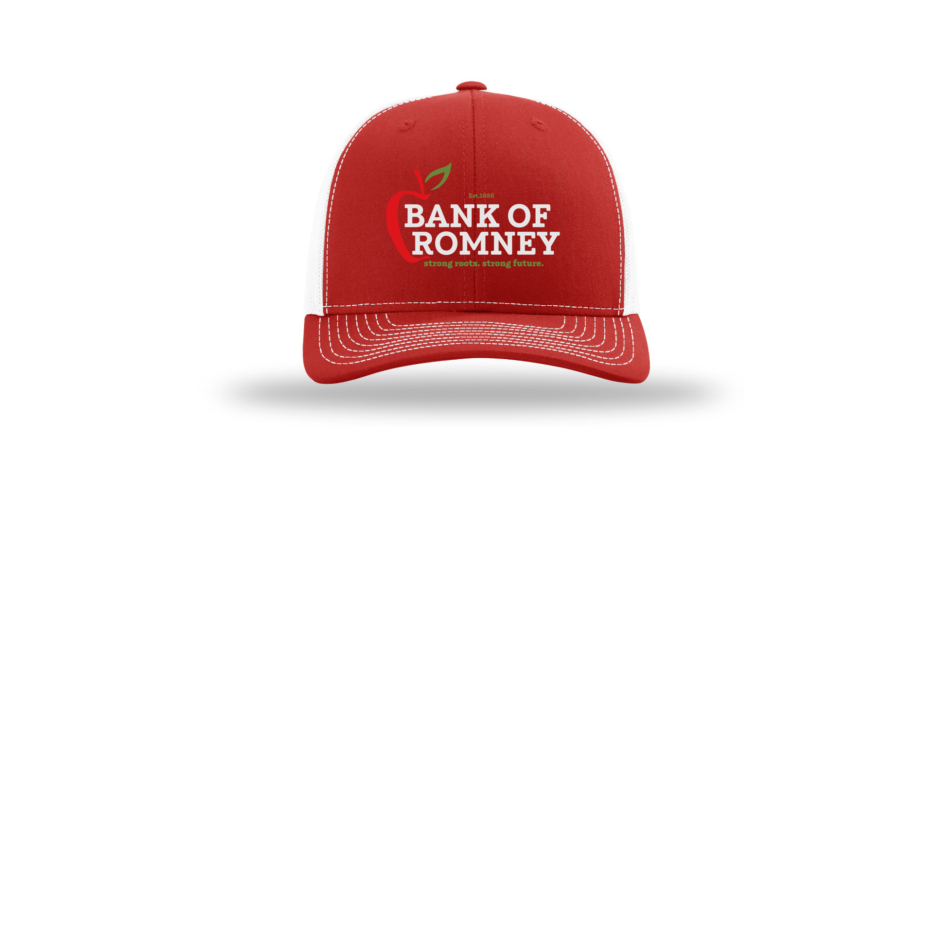 bankofromney-richardson-trucker-cap-embroidery-capfront-R112-redwhite-flat-front