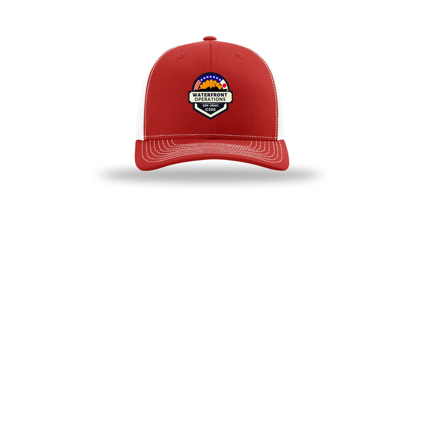 waterfront-operations-retro-trucker-cap-embroidery-capfront-R112-redwhite-flat-front