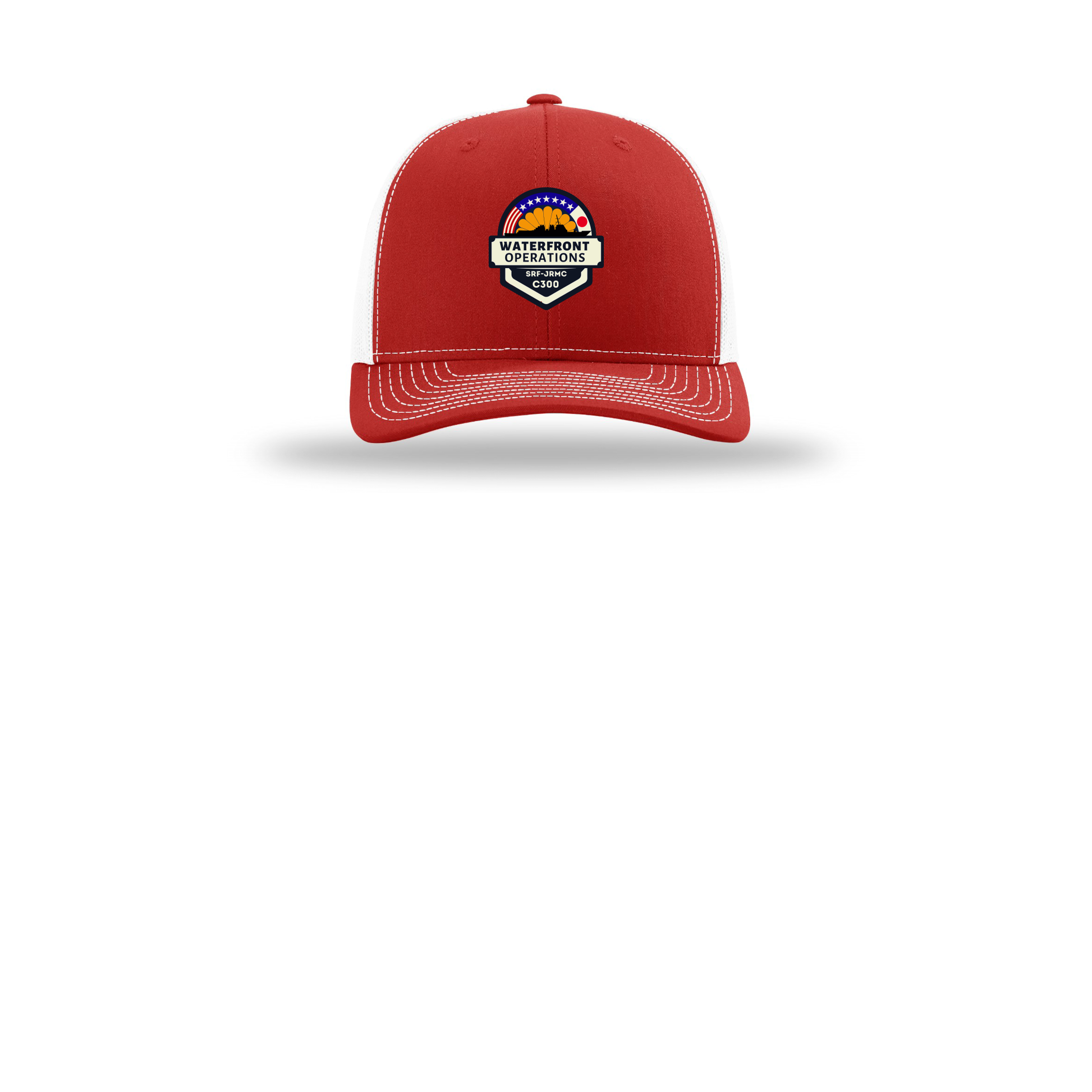 waterfront-operations-retro-trucker-cap-embroidery-capfront-R112-redwhite-flat-front