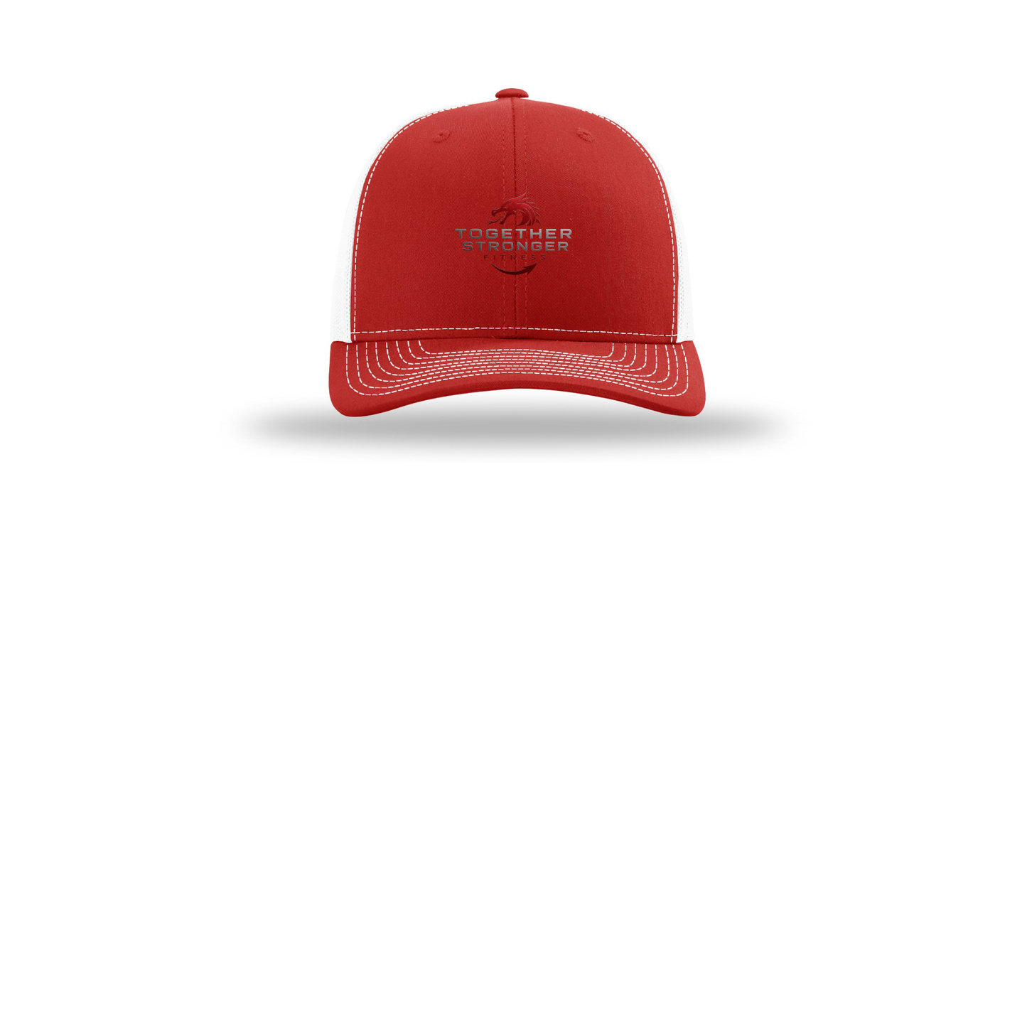 togetherstrongerfitness-richardson-trucker-cap-embroidery-capfront-R112-redwhite-flat-front