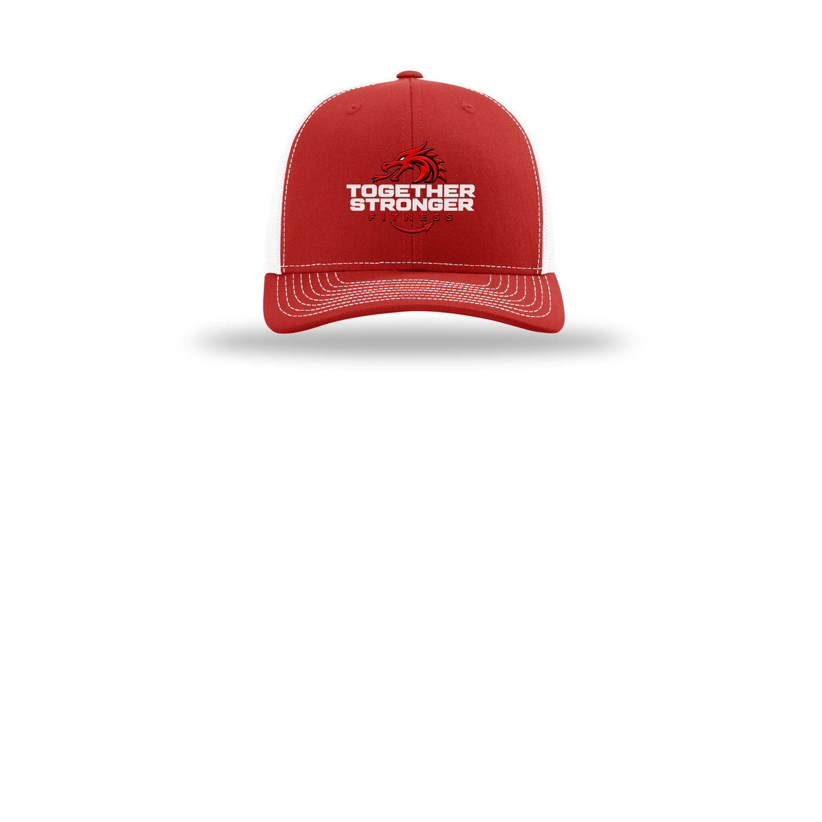 togetherstrongerfitness-richardson-trucker-cap-embroidery-capfront-R112-redwhite-flat-front