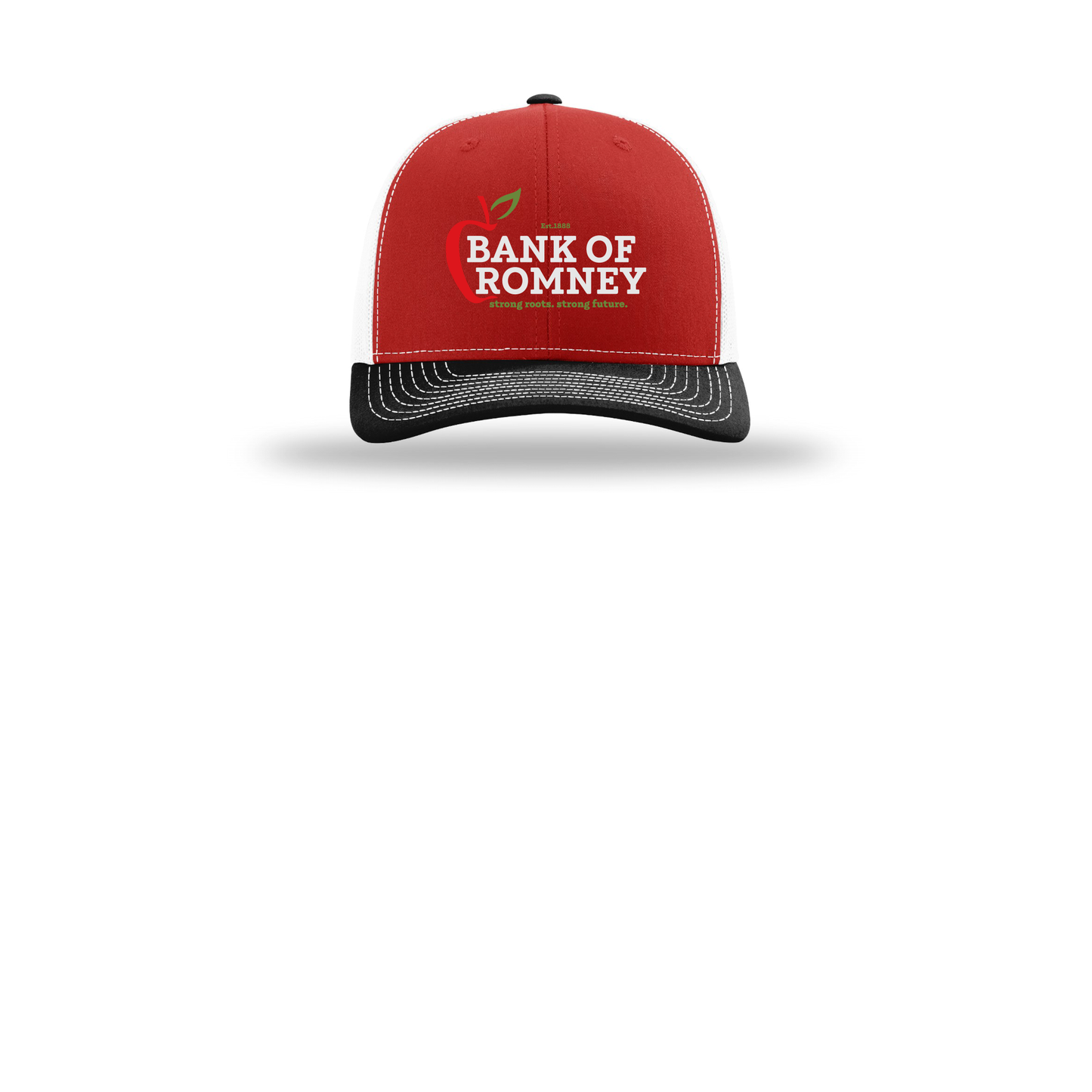 bankofromney-richardson-trucker-cap-embroidery-capfront-R112-redwhiteblack-flat-front