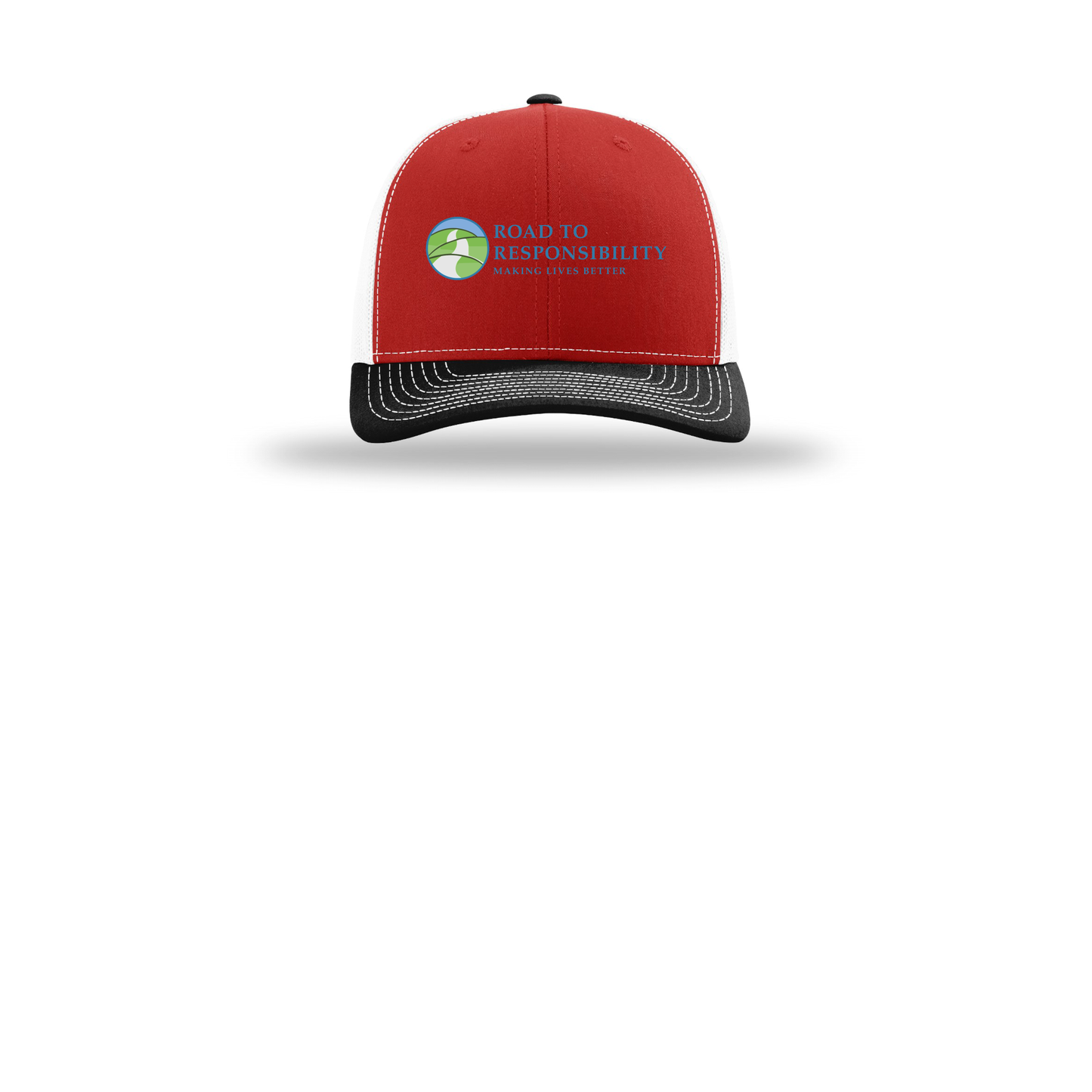 roadtoresponsibility-richardson-trucker-cap-embroidery-capfront-R112-redwhiteblack-flat-front