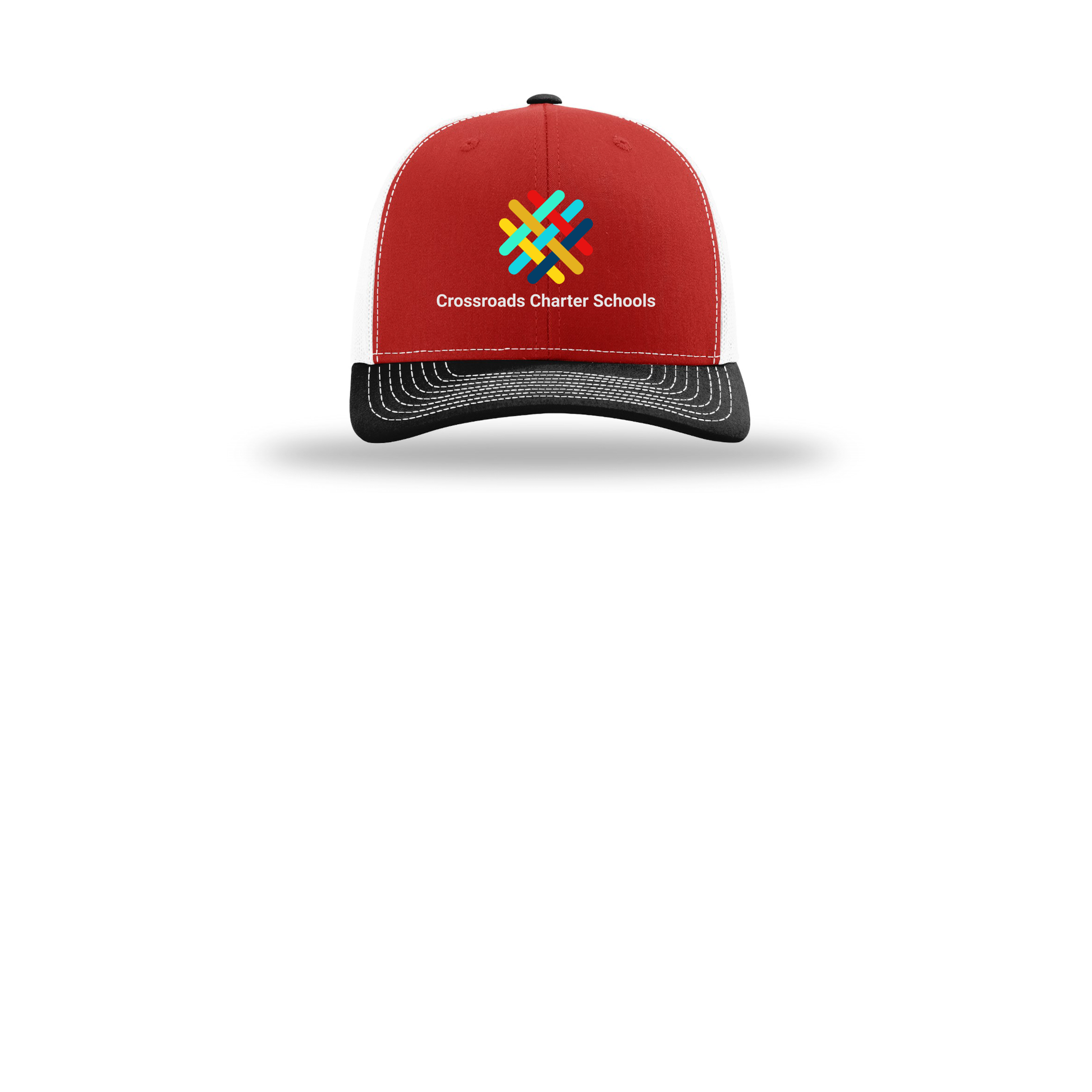 crossroadsschoolskc-richardson-trucker-cap-embroidery-capfront-R112-redwhiteblack-flat-front