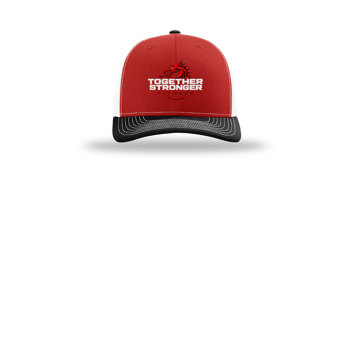 togetherstrongerfitness-richardson-trucker-cap-embroidery-capfront-R112-redwhiteblack-flat-front
