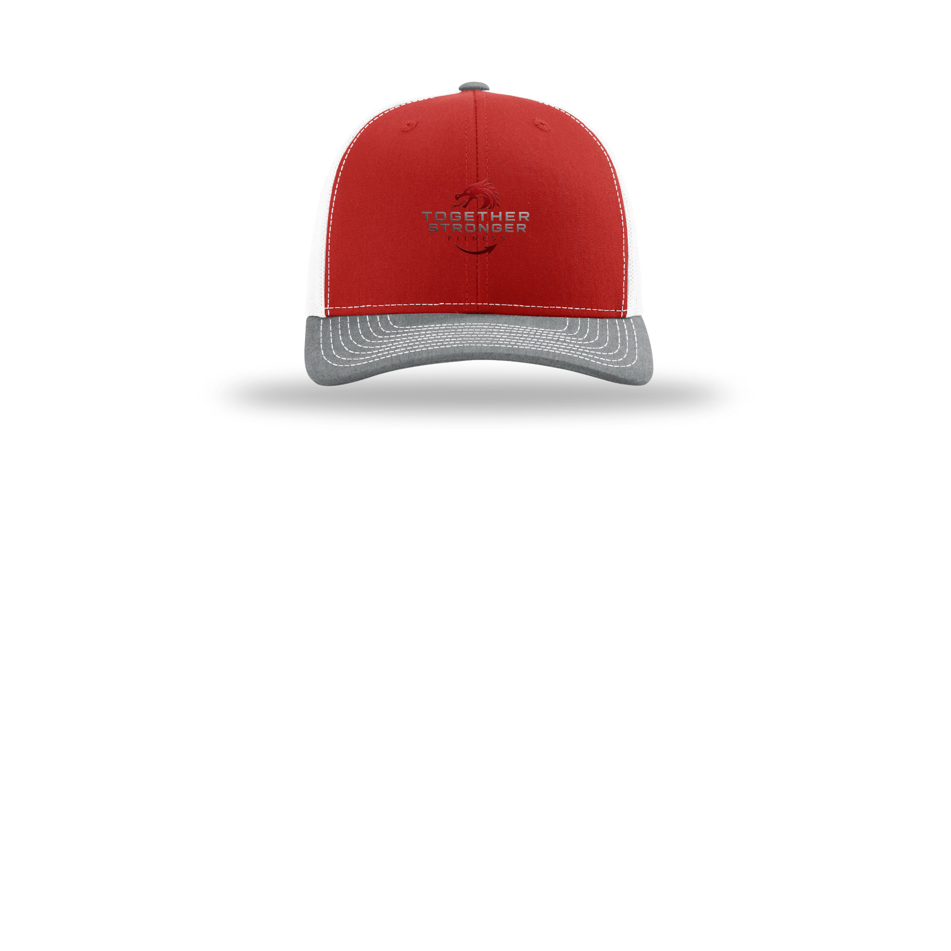 togetherstrongerfitness-richardson-trucker-cap-embroidery-capfront-R112-redwhiteheathergrey-flat-front