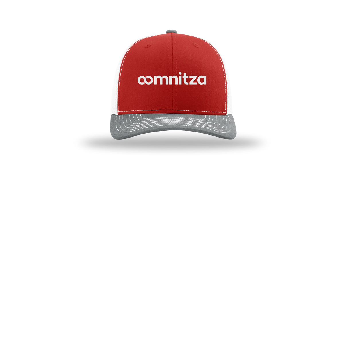oomnitza-richardson-trucker-cap-embroidery-capfront-R112-redwhiteheathergrey-flat-front