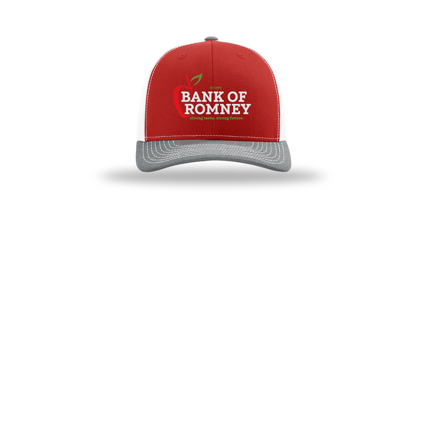 bankofromney-richardson-trucker-cap-embroidery-capfront-R112-redwhiteheathergrey-flat-front
