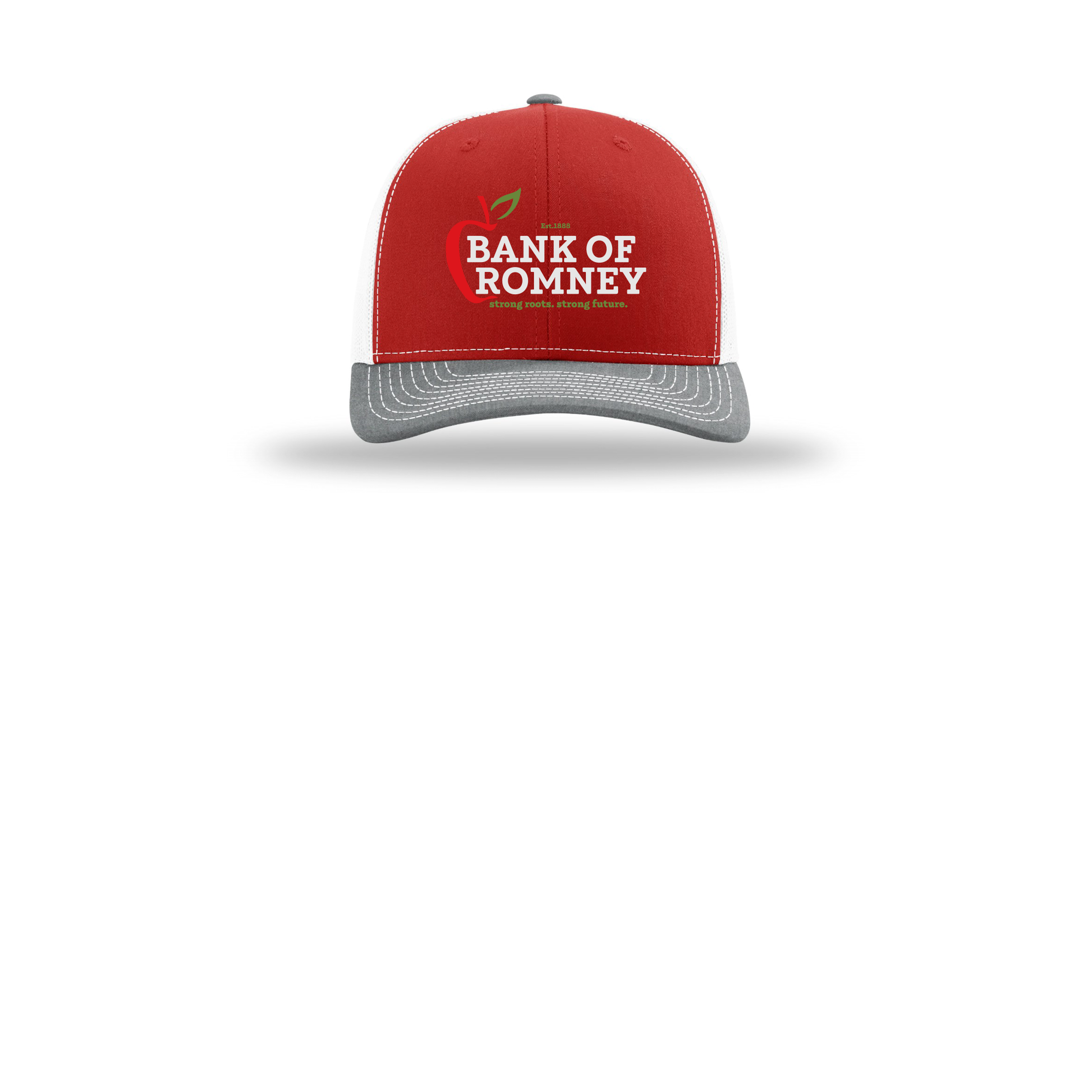 bankofromney-richardson-trucker-cap-embroidery-capfront-R112-redwhiteheathergrey-flat-front