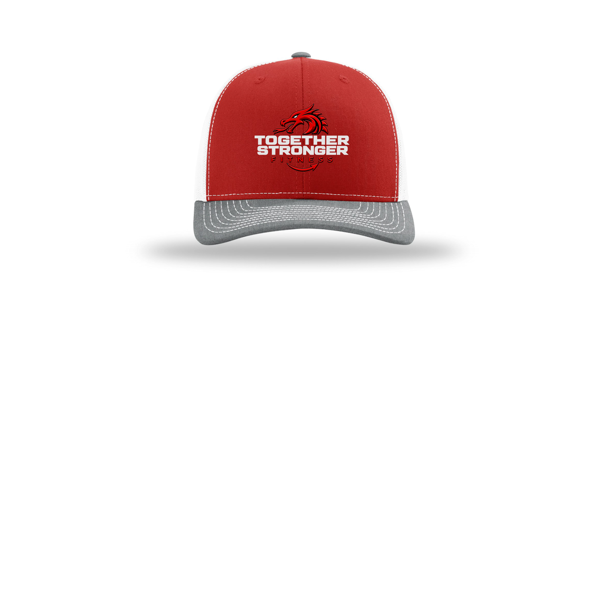 togetherstrongerfitness-richardson-trucker-cap-embroidery-capfront-R112-redwhiteheathergrey-flat-front