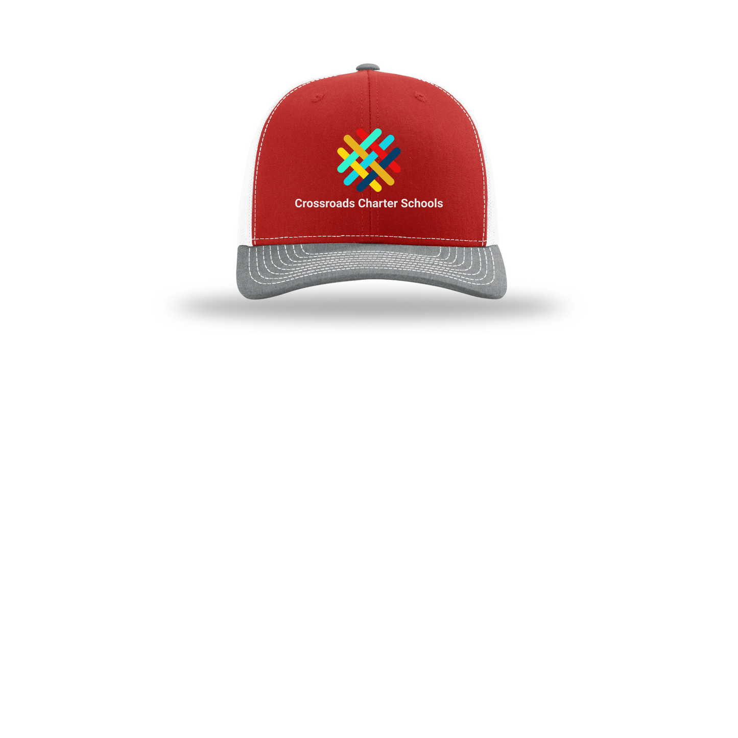 crossroadsschoolskc-richardson-trucker-cap-embroidery-capfront-R112-redwhiteheathergrey-flat-front