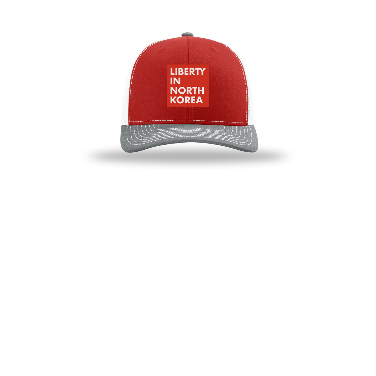 libertyinnorthkorea-richardson-trucker-cap-embroidery-capfront-R112-redwhiteheathergrey-flat-front