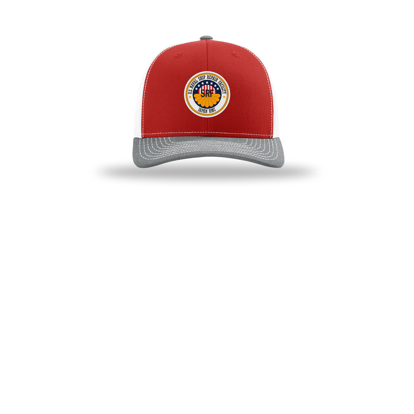 srf-jrmc-richardson-trucker-cap-embroidery-capfront-R112-redwhiteheathergrey-flat-front