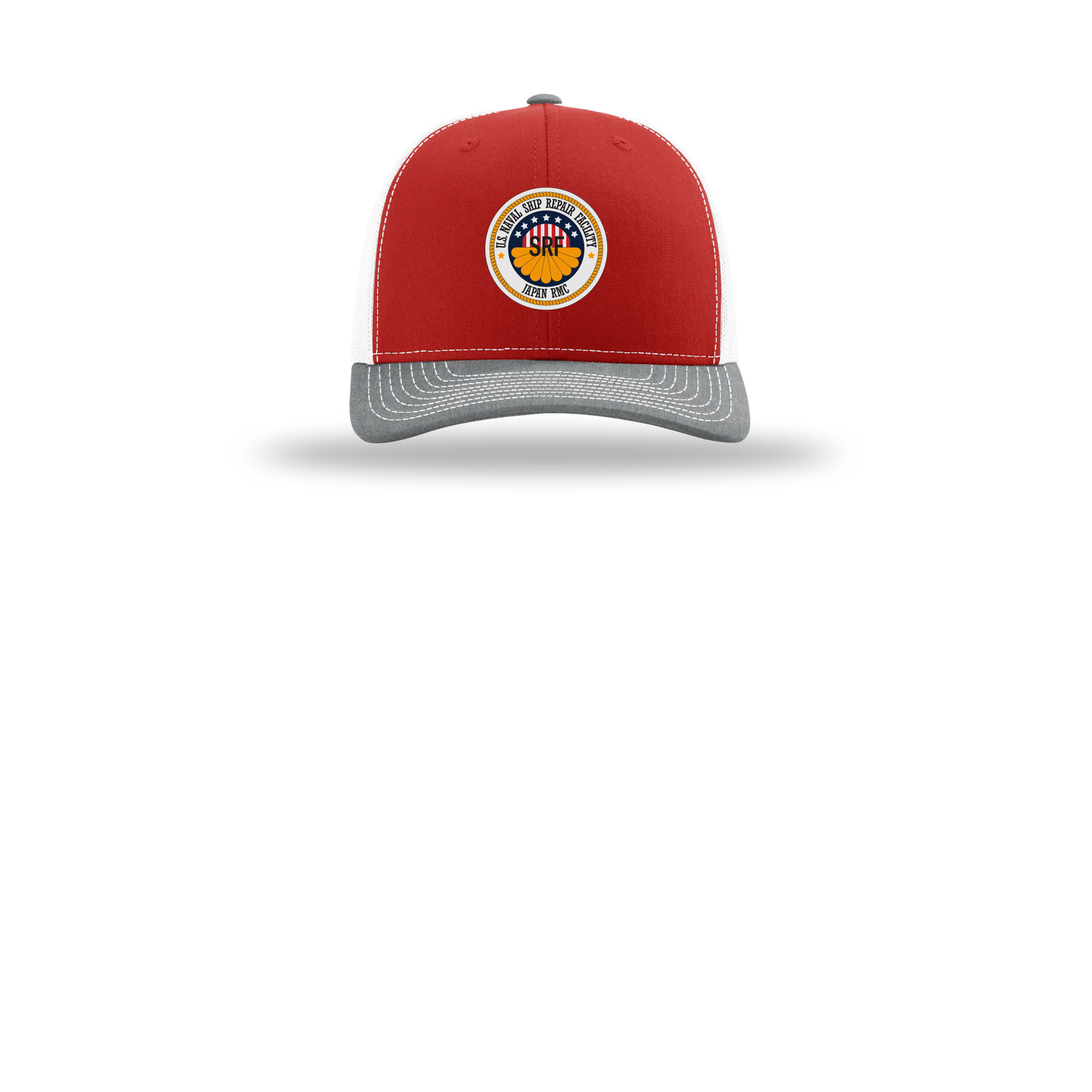 srf-jrmc-richardson-trucker-cap-embroidery-capfront-R112-redwhiteheathergrey-flat-front