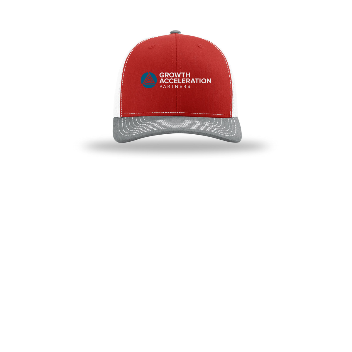 growthaccelerationpartners-richardson-trucker-cap-embroidery-capfront-R112-redwhiteheathergrey-flat-front