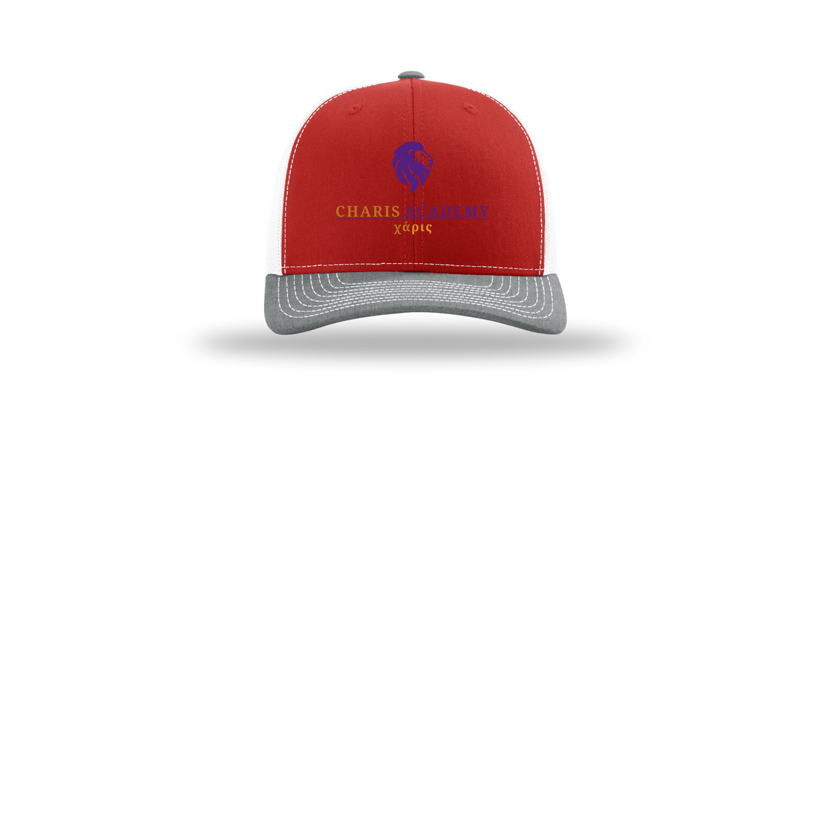 cahazleton-richardson-trucker-cap-embroidery-capfront-R112-redwhiteheathergrey-flat-front