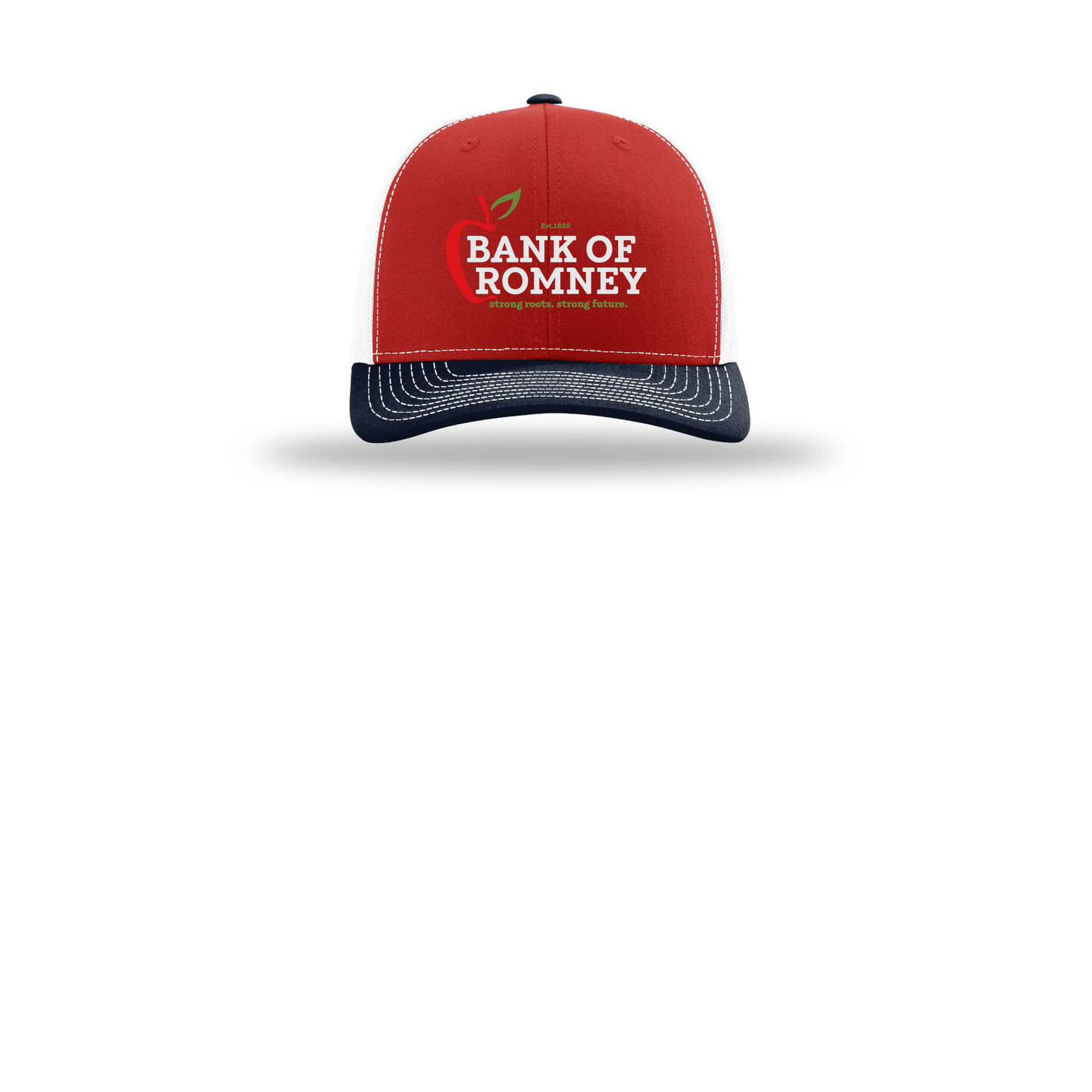 bankofromney-richardson-trucker-cap-embroidery-capfront-R112-redwhitenavy-flat-front