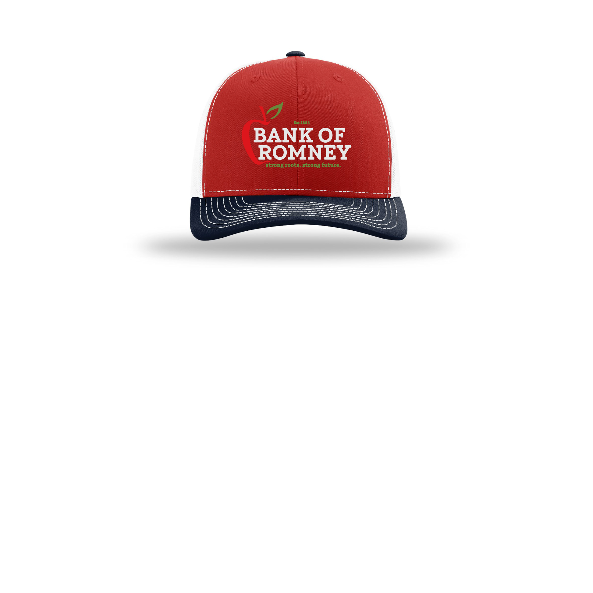 bankofromney-richardson-trucker-cap-embroidery-capfront-R112-redwhitenavy-flat-front