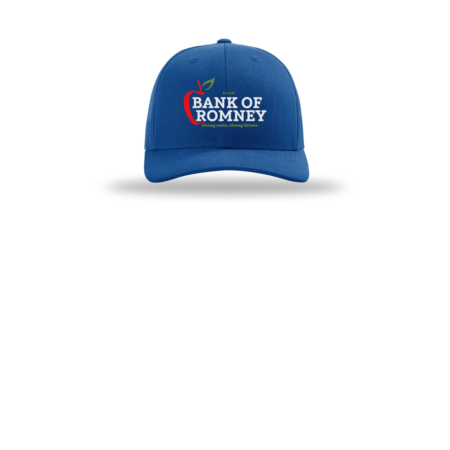 bankofromney-richardson-trucker-cap-embroidery-capfront-R112-royal-flat-front