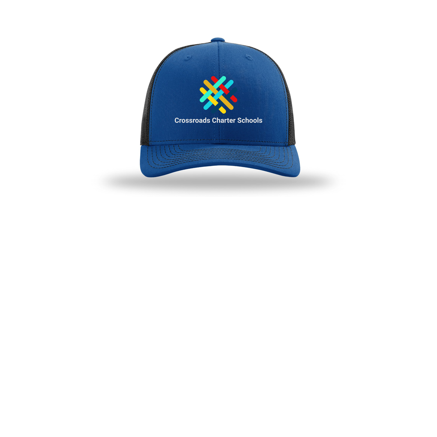 crossroadsschoolskc-richardson-trucker-cap-embroidery-capfront-R112-royalblack-flat-front