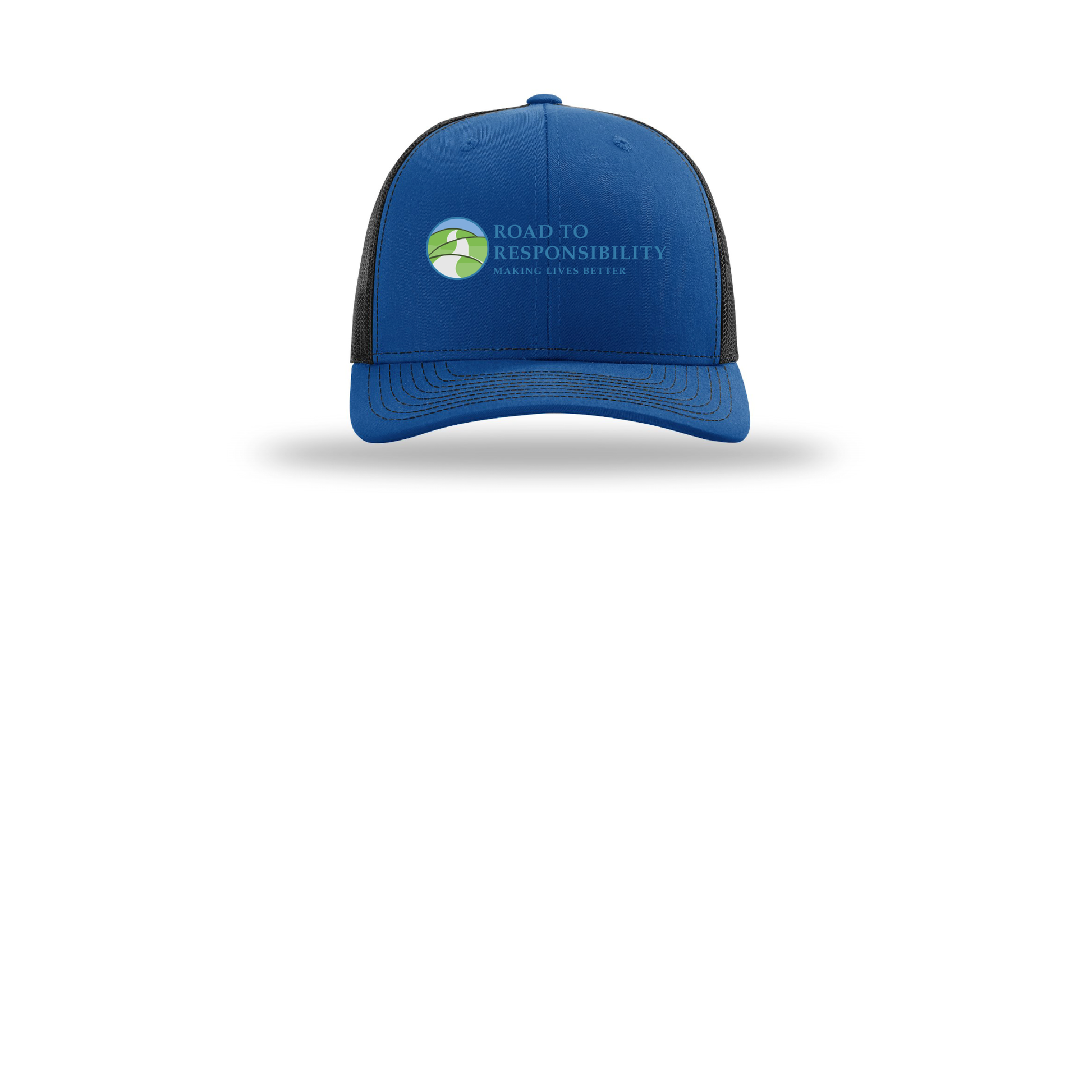 roadtoresponsibility-richardson-trucker-cap-embroidery-capfront-R112-royalblack-flat-front
