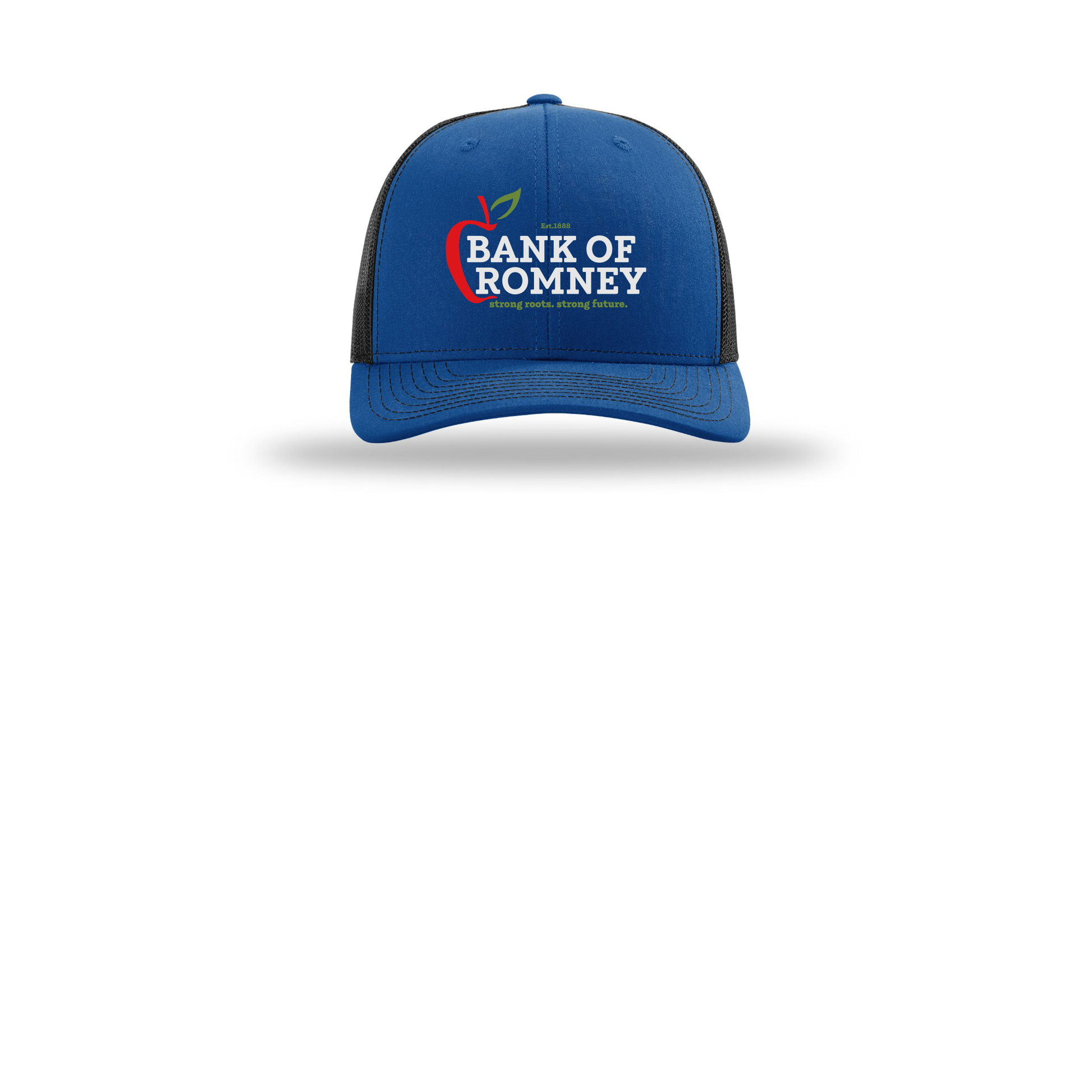 bankofromney-richardson-trucker-cap-embroidery-capfront-R112-royalblack-flat-front