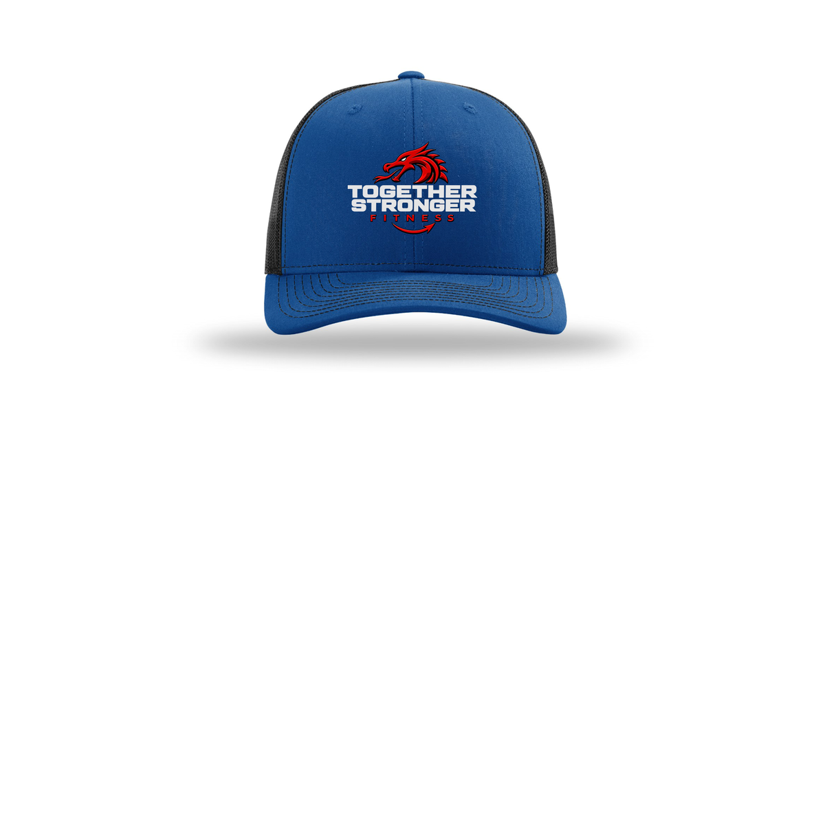 togetherstrongerfitness-richardson-trucker-cap-embroidery-capfront-R112-royalblack-flat-front