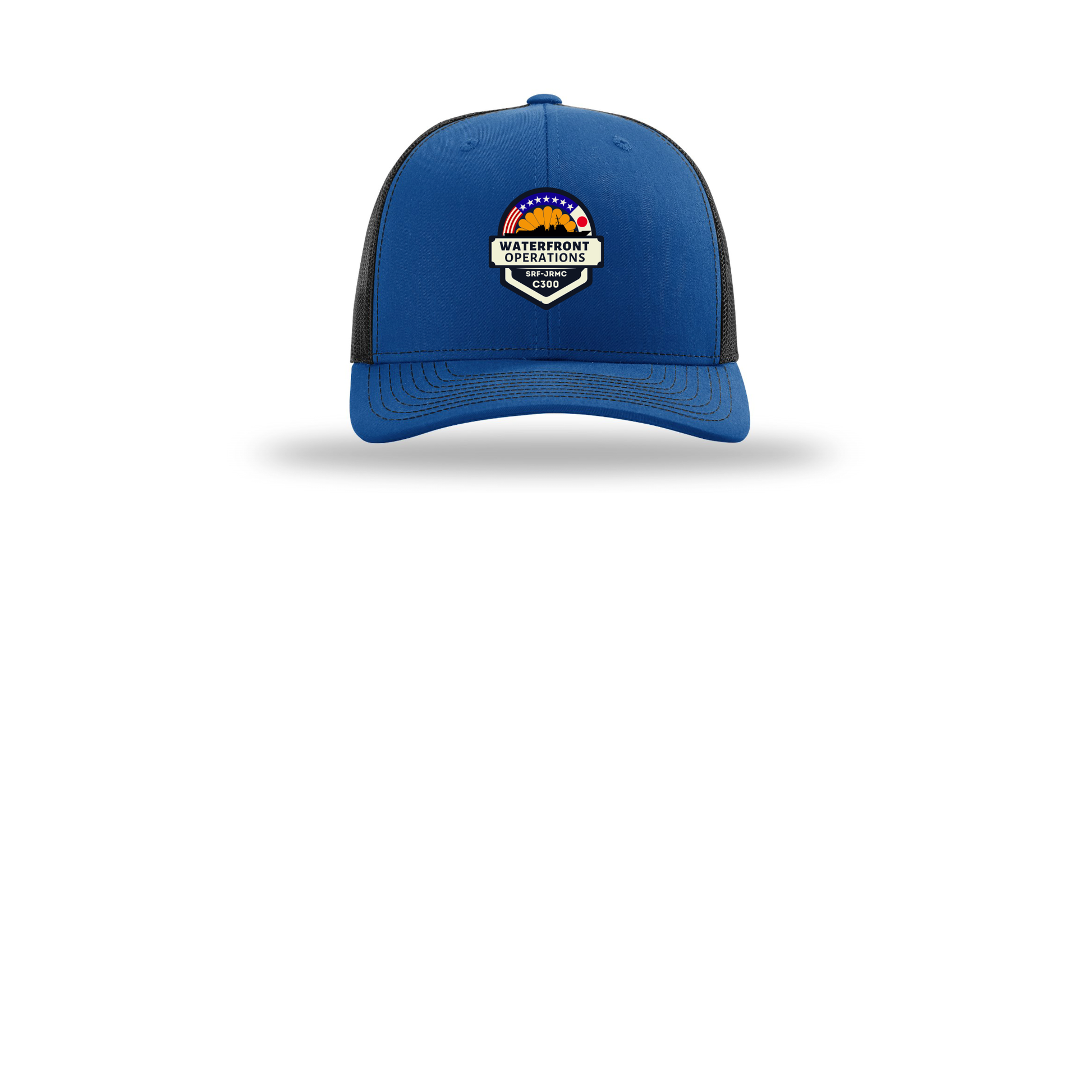 waterfront-operations-retro-trucker-cap-embroidery-capfront-R112-royalblack-flat-front