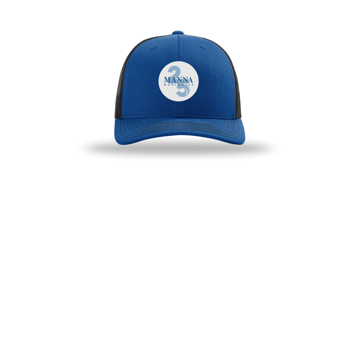 mannaworldwide-richardson-trucker-cap-embroidery-capfront-R112-royalblack-flat-front