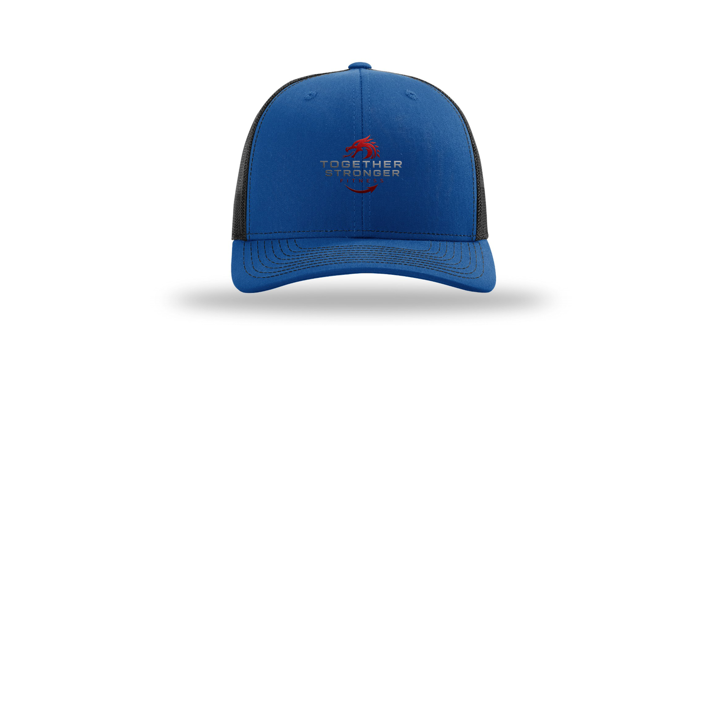 togetherstrongerfitness-richardson-trucker-cap-embroidery-capfront-R112-royalblack-flat-front