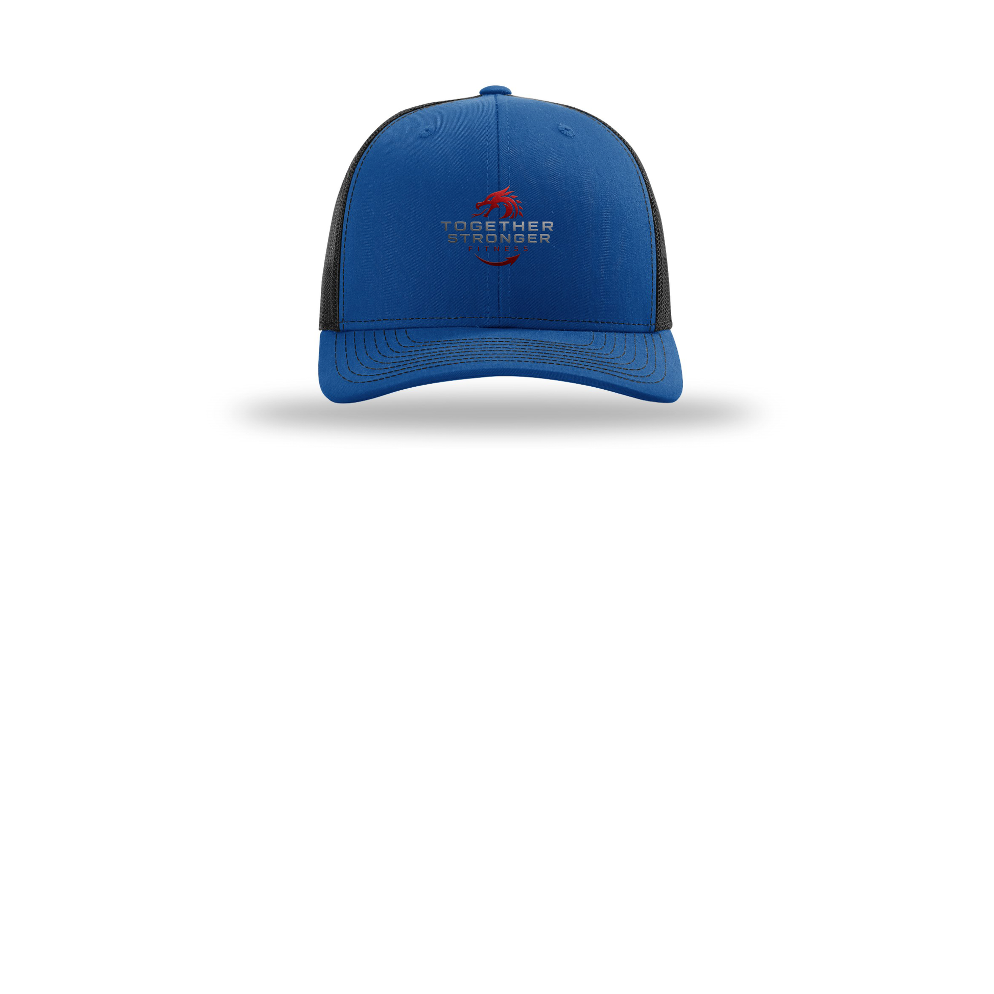 togetherstrongerfitness-richardson-trucker-cap-embroidery-capfront-R112-royalblack-flat-front