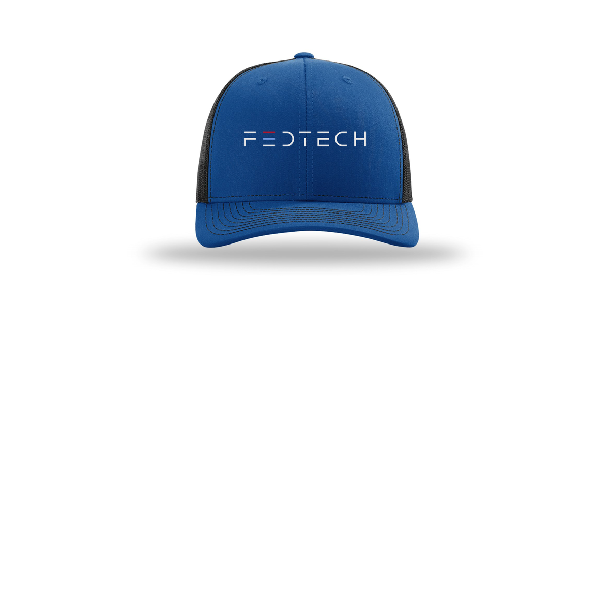 fedtech-richardson-trucker-cap-embroidery-capfront-R112-royalblack-flat-front