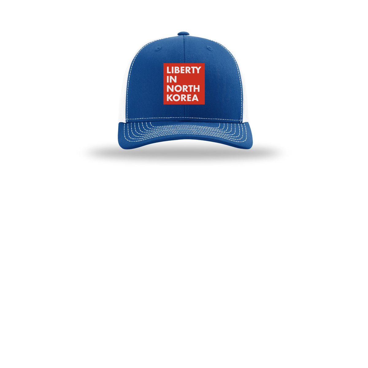 libertyinnorthkorea-richardson-trucker-cap-embroidery-capfront-R112-royalwhite-flat-front