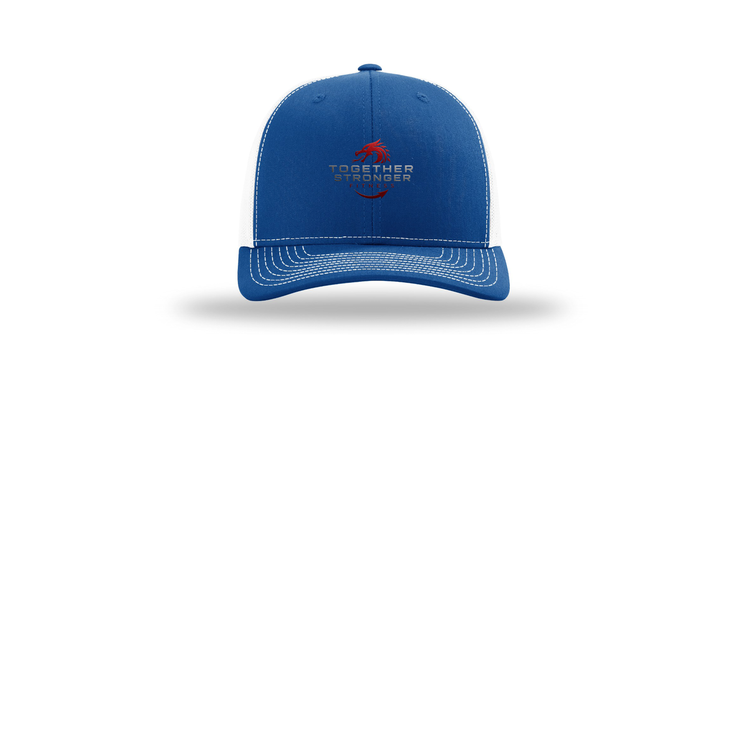 togetherstrongerfitness-richardson-trucker-cap-embroidery-capfront-R112-royalwhite-flat-front